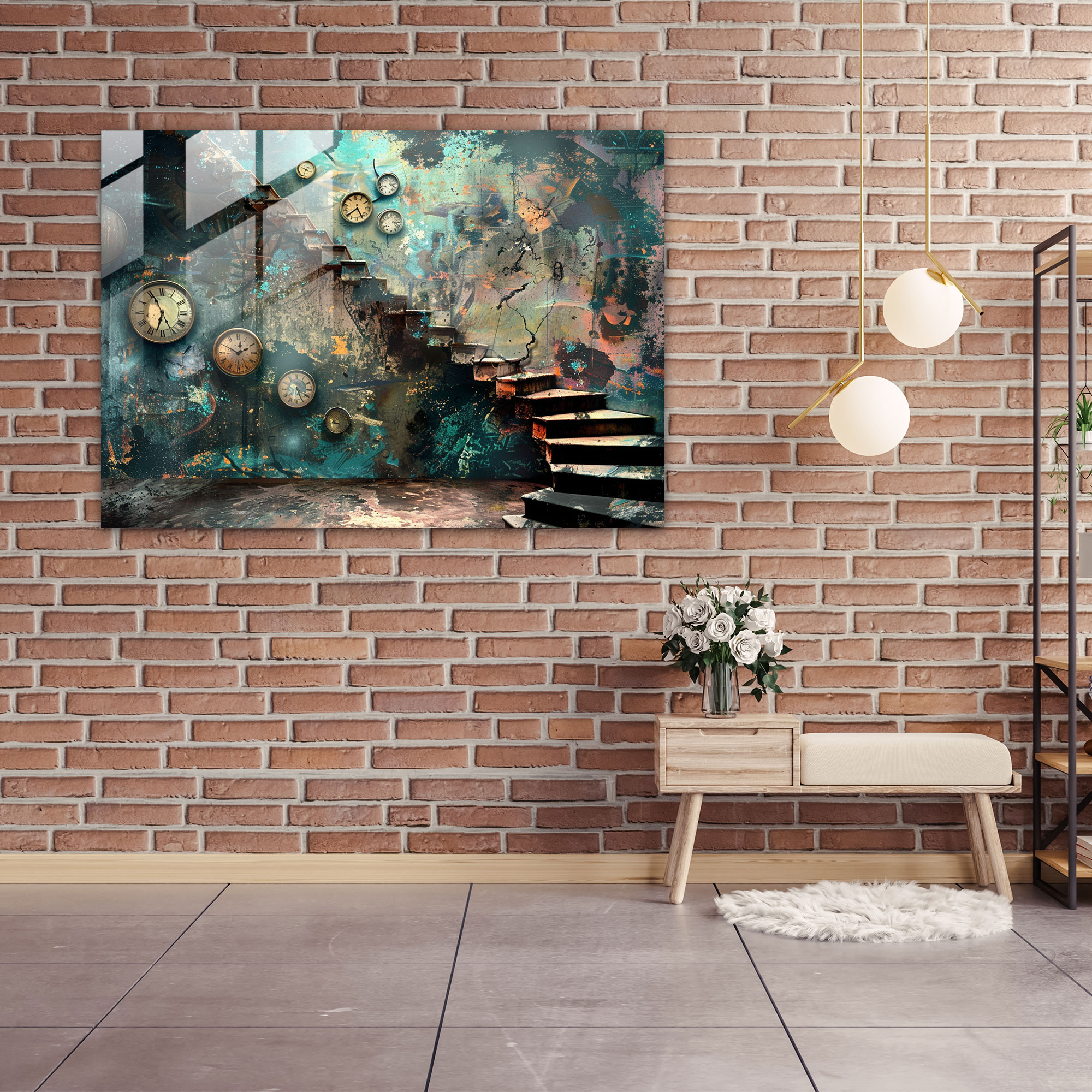 Surrealism Clock Staircase Glass Print - Surrealism Art, Surrealism Art, Glass Art, Glass Wall Art