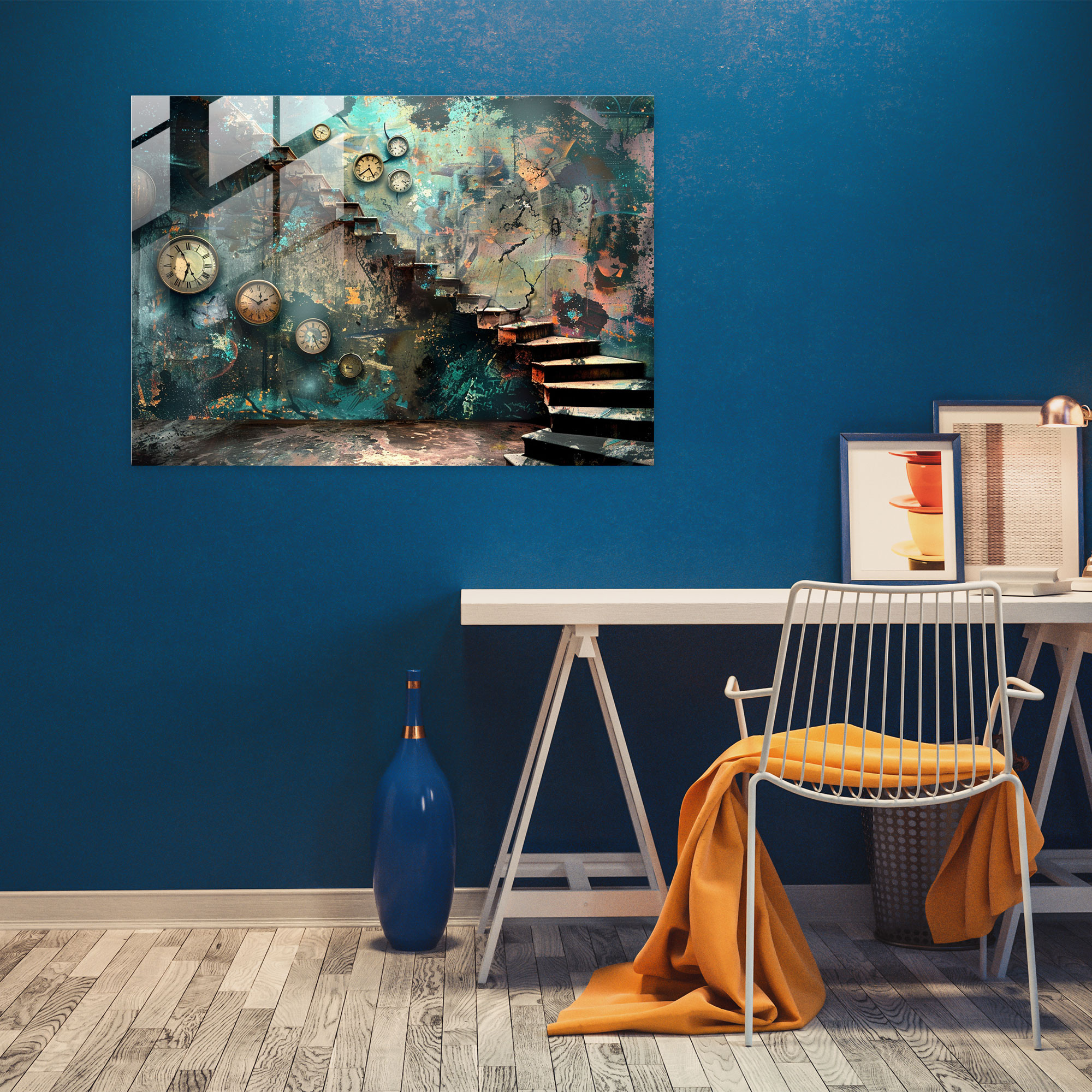 Surrealism Clock Staircase Glass Print - Surrealism Art, Surrealism Art, Glass Art, Glass Wall Art