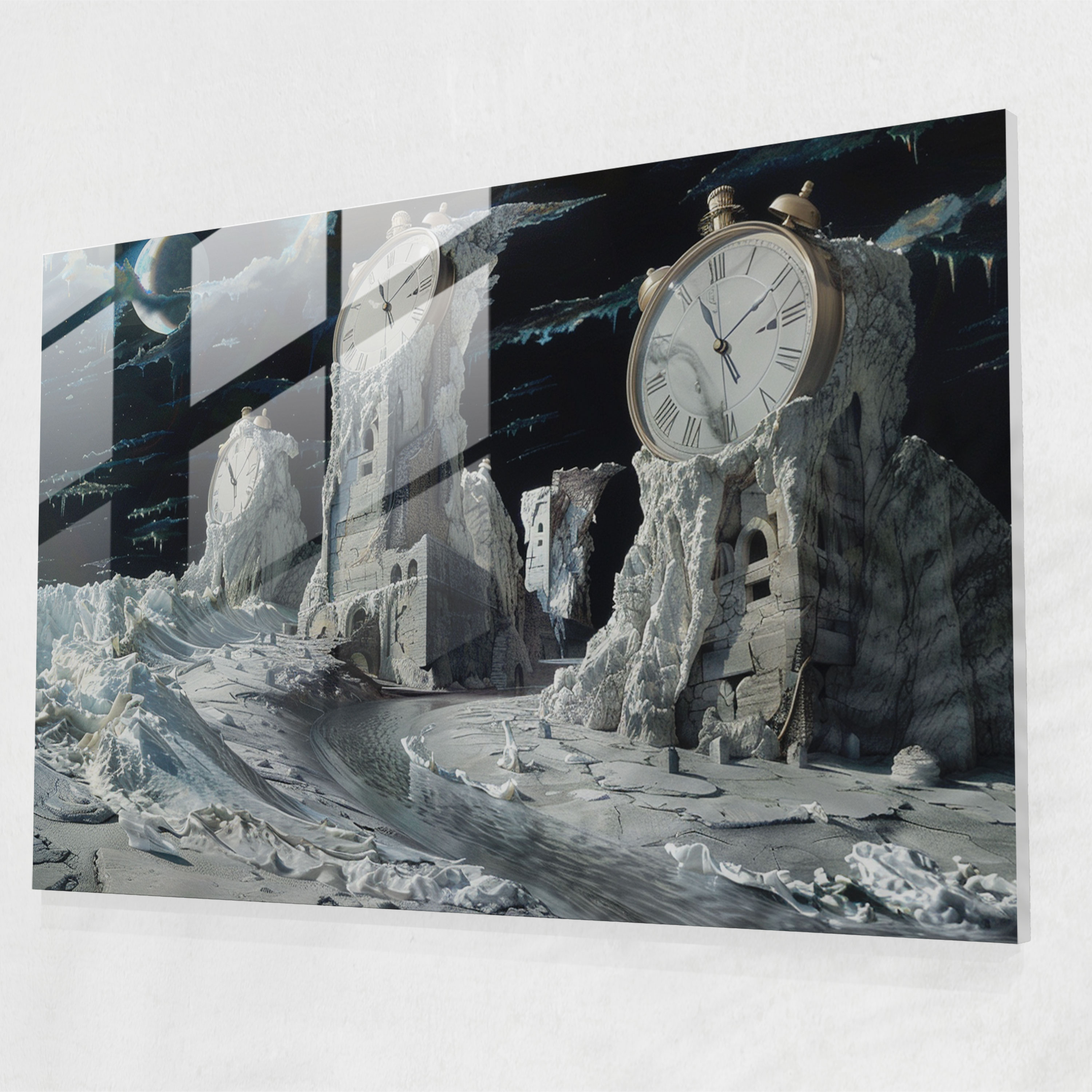 Melting Clocks Glass Print - Surrealism Art, Modern Art, Distorted Landscapes, Glass Print