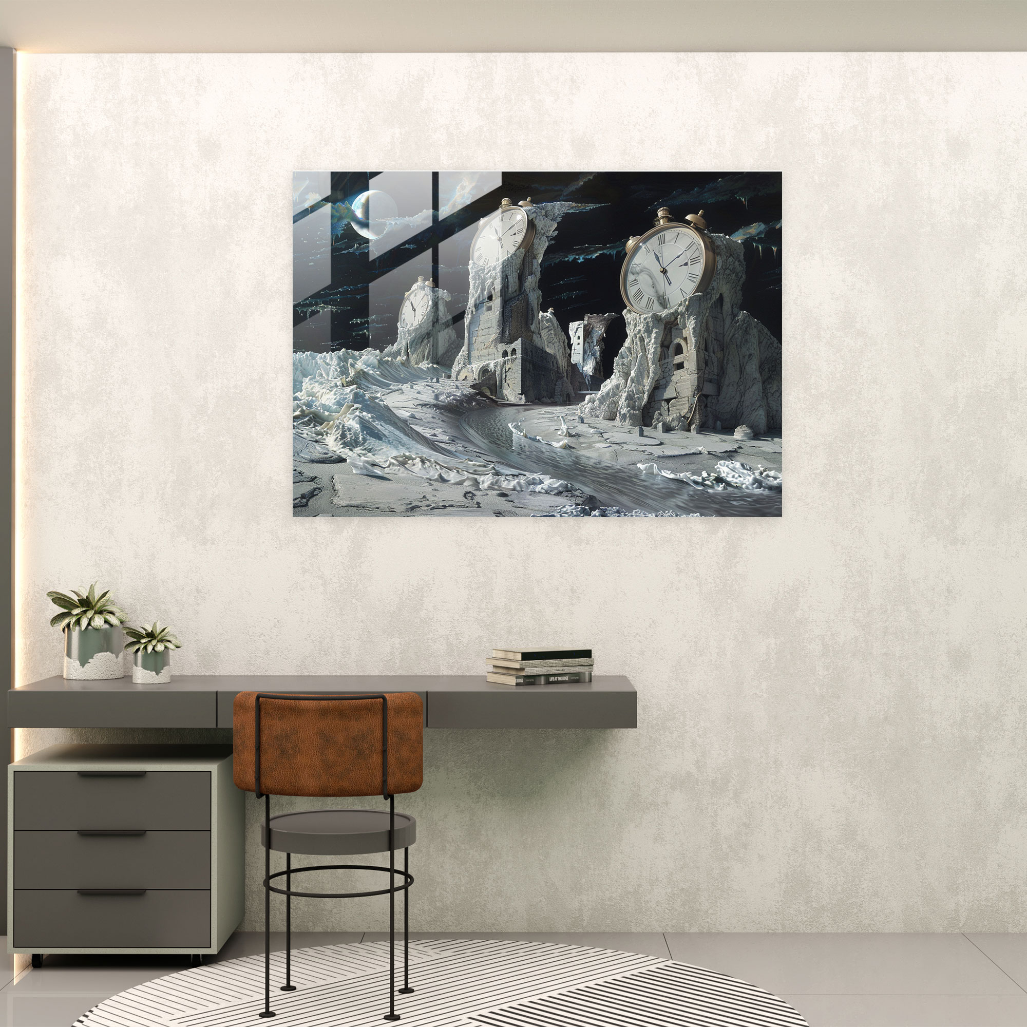 Melting Clocks Glass Print - Surrealism Art, Modern Art, Distorted Landscapes, Glass Print