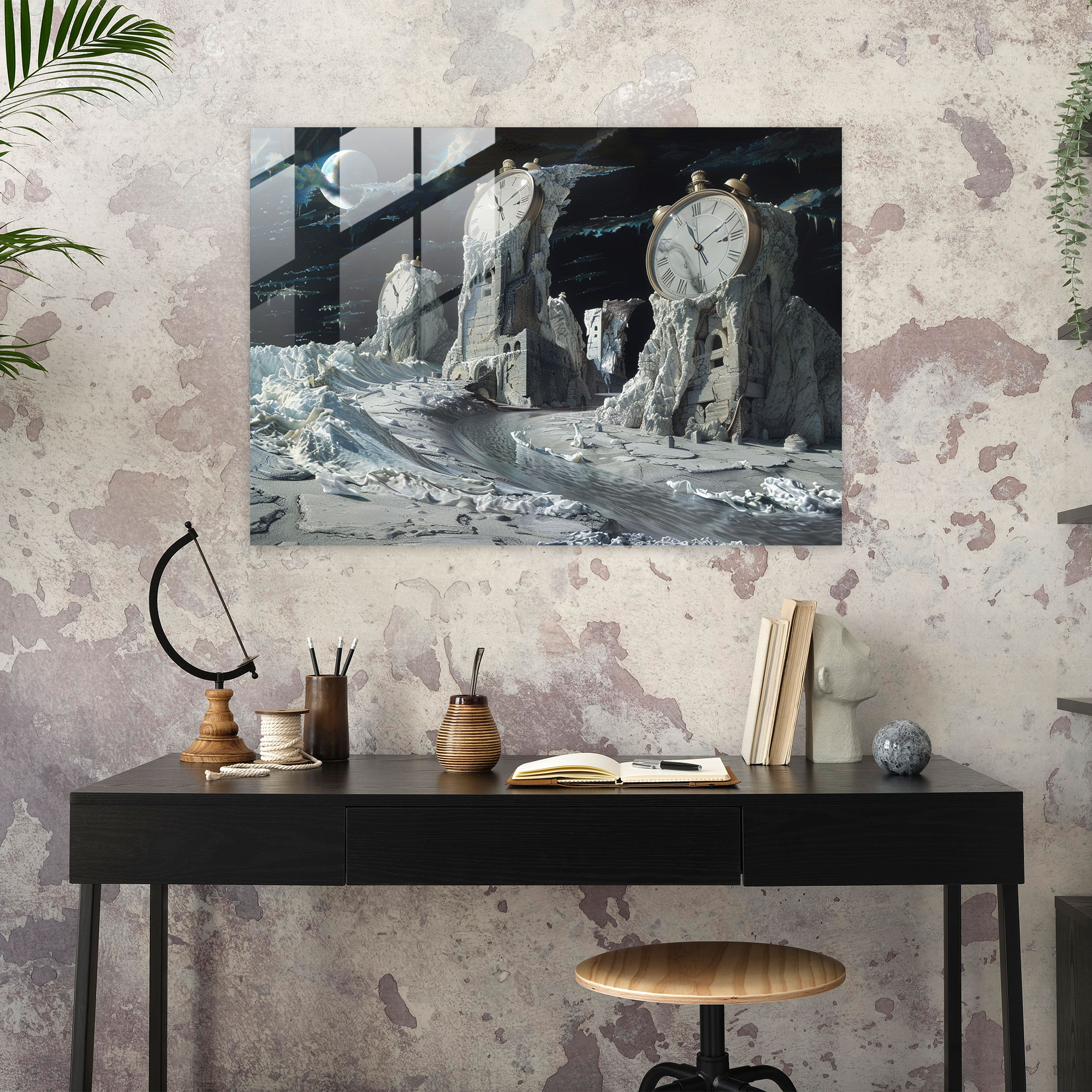 Melting Clocks Glass Print - Surrealism Art, Modern Art, Distorted Landscapes, Glass Print