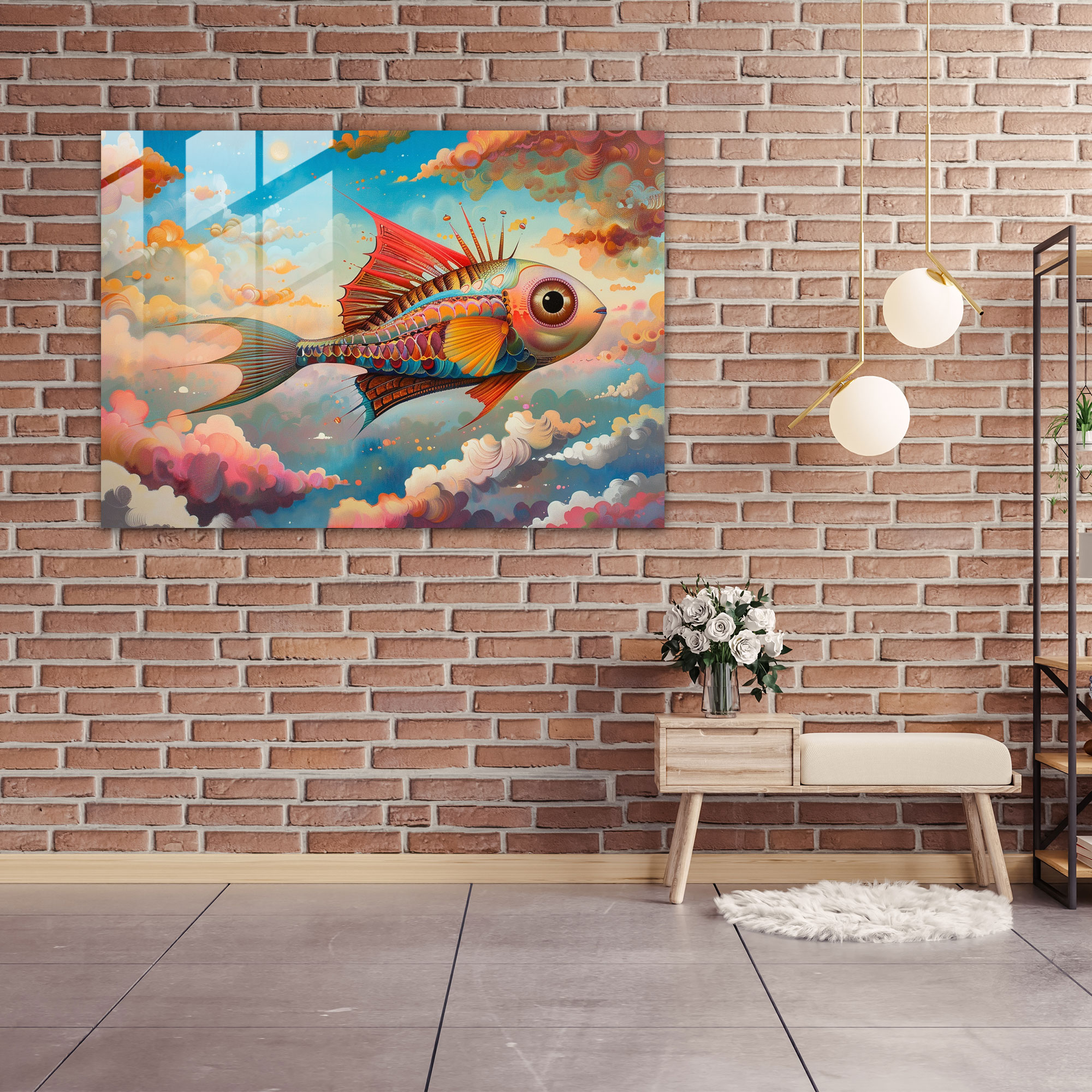Flying Fish Glass Print - Surrealism Art, Colorful Skies, Wall Decoration, Home Decoration