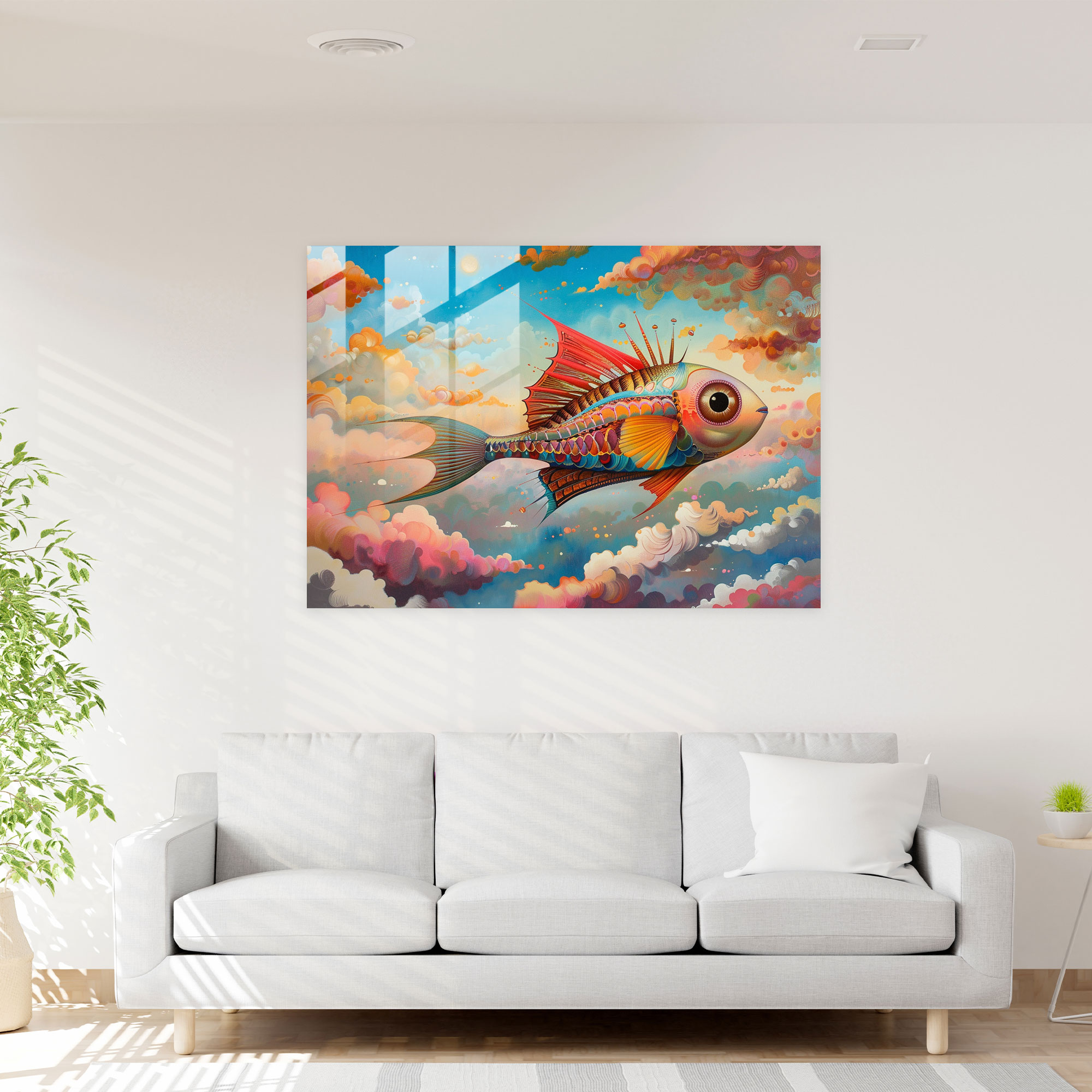 Flying Fish Glass Print - Surrealism Art, Colorful Skies, Wall Decoration, Home Decoration