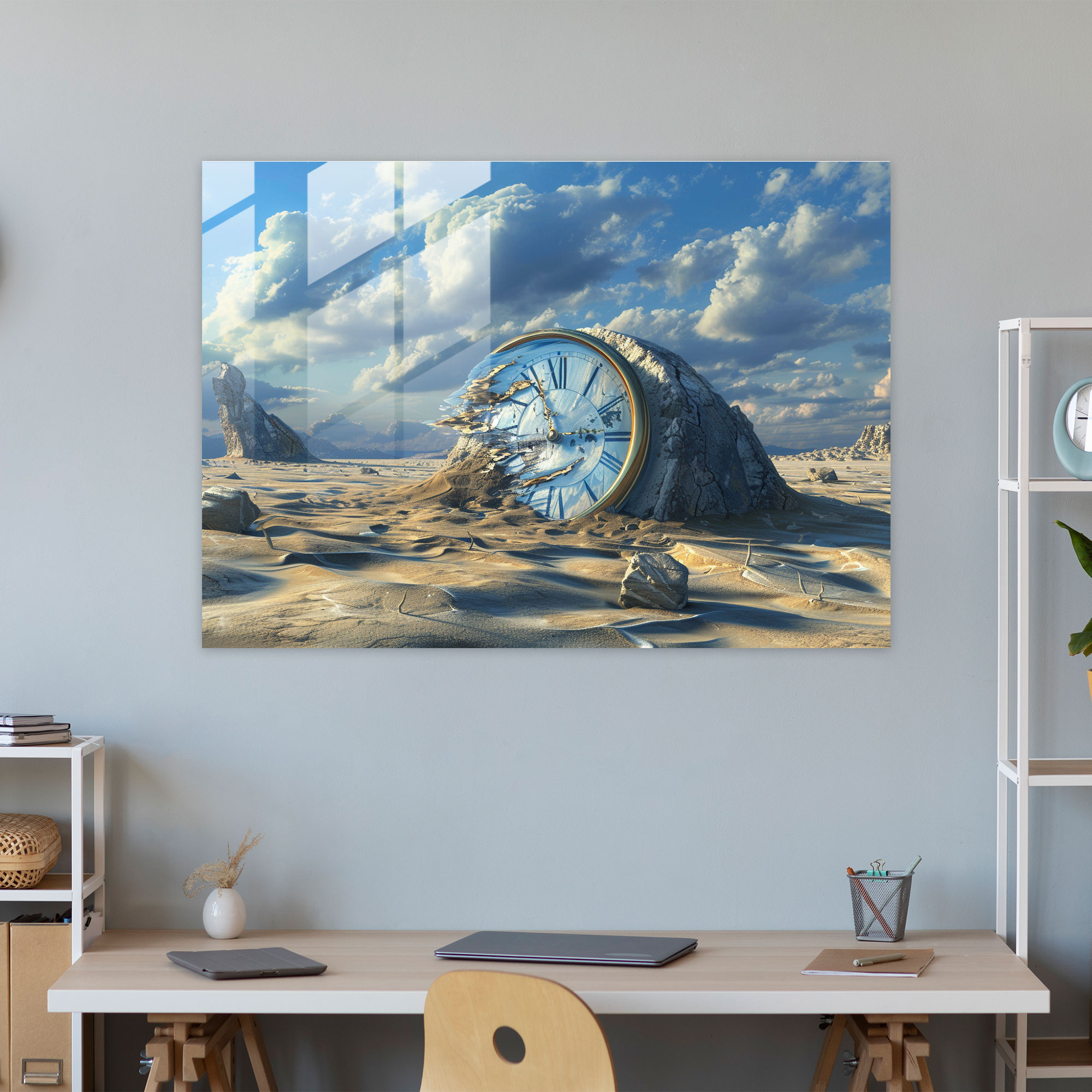 Surrealism Melting Clock Glass Print - Surrealism Art, Glass Wall Art, Surrealism Art, Modern Art