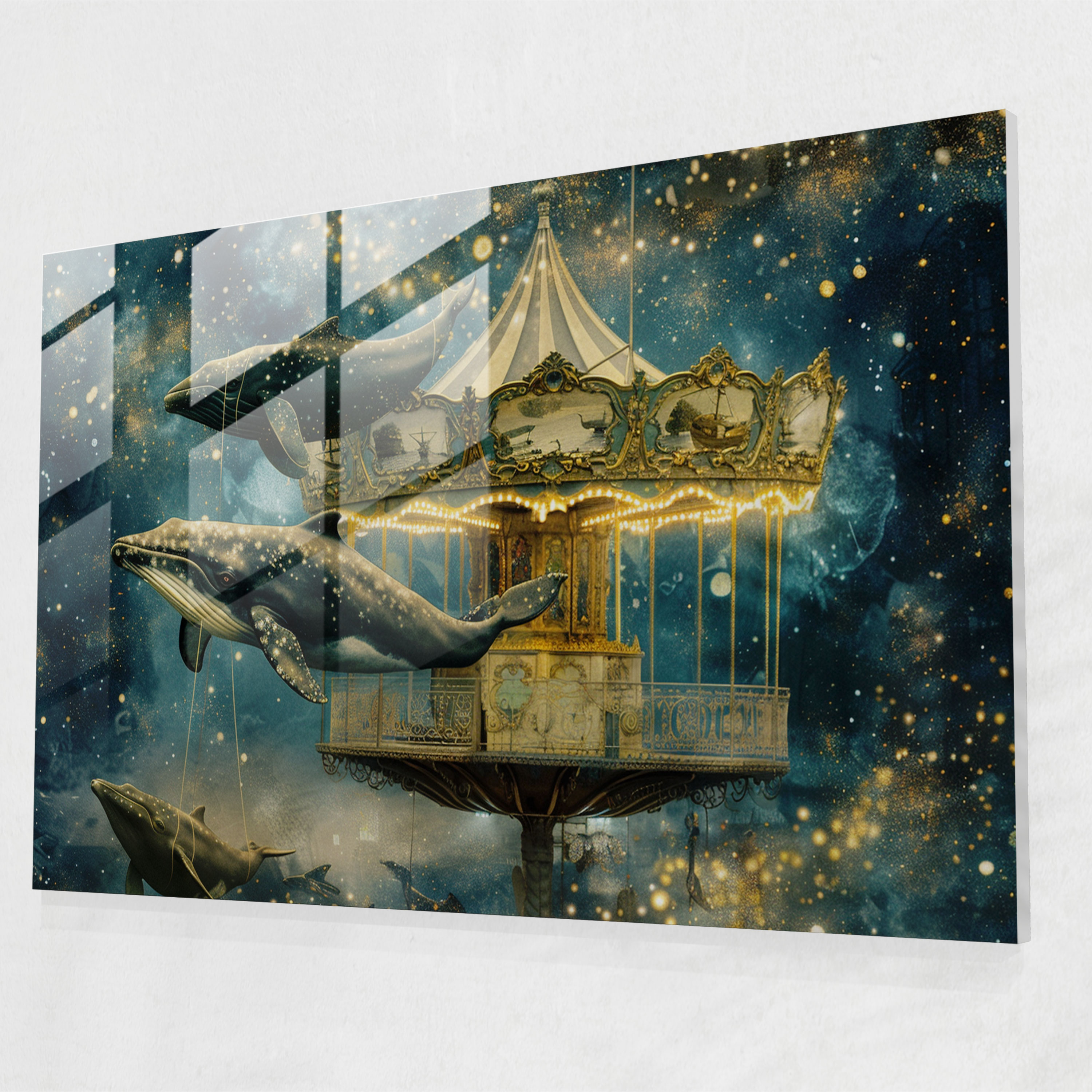 Surrealism Flying Whales Glass Print - Surrealism Art, Glass Print, Wall Decoration, Modern Art