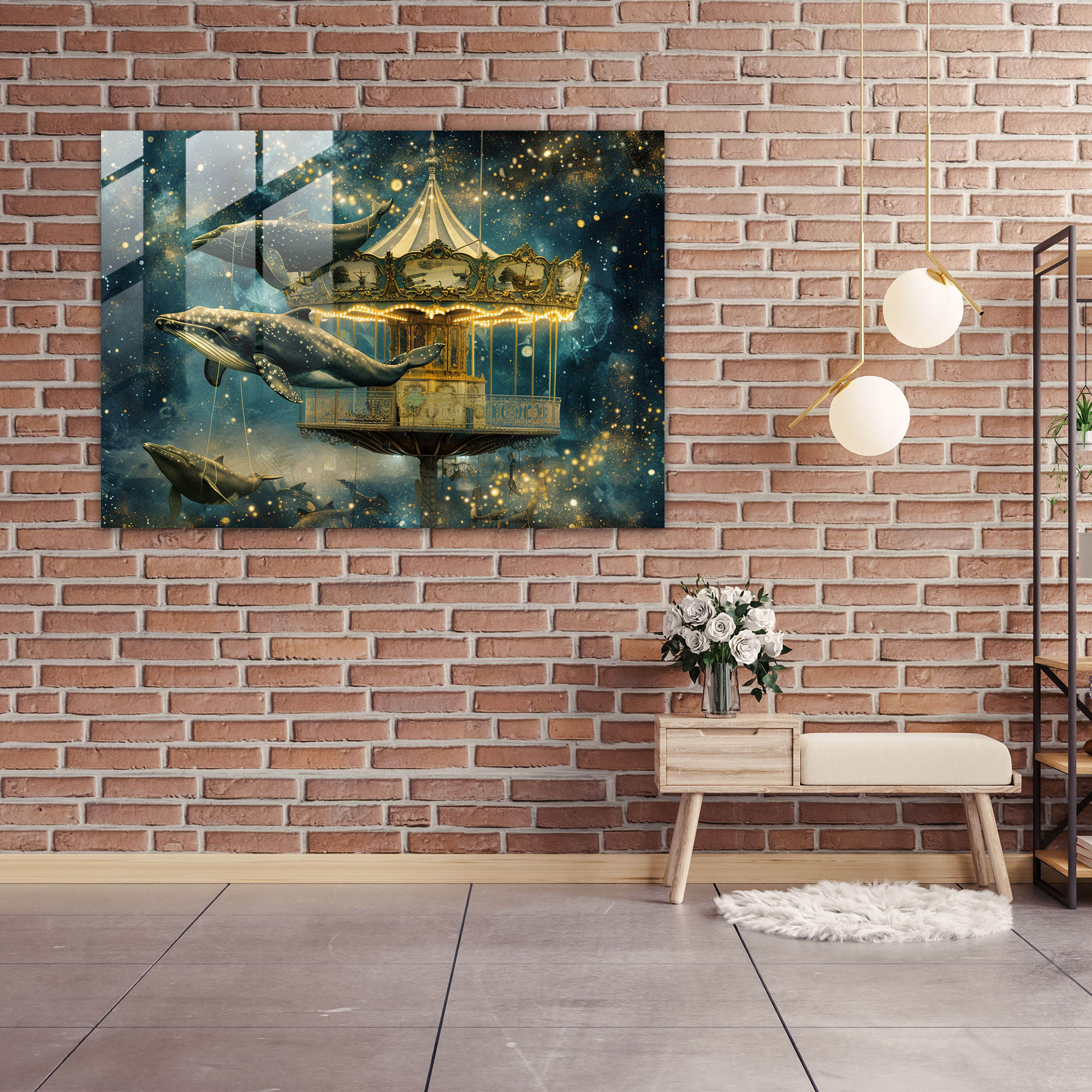 Surrealism Flying Whales Glass Print - Surrealism Art, Glass Print, Wall Decoration, Modern Art