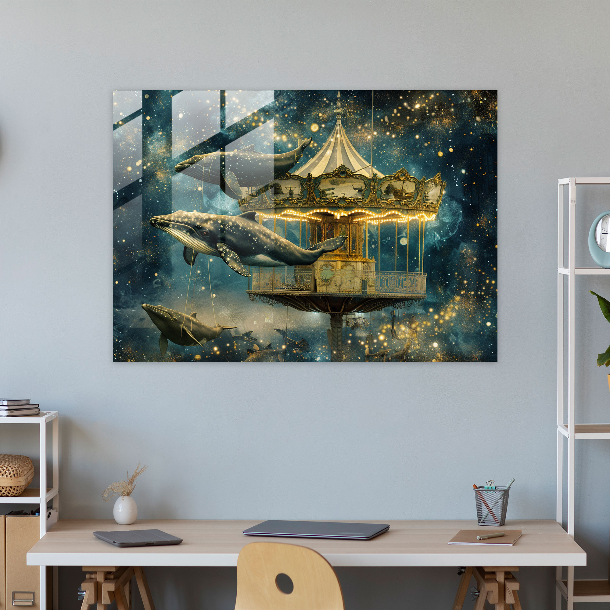Surrealism Flying Whales Glass Print - Surrealism Art, Glass Print, Wall Decoration, Modern Art