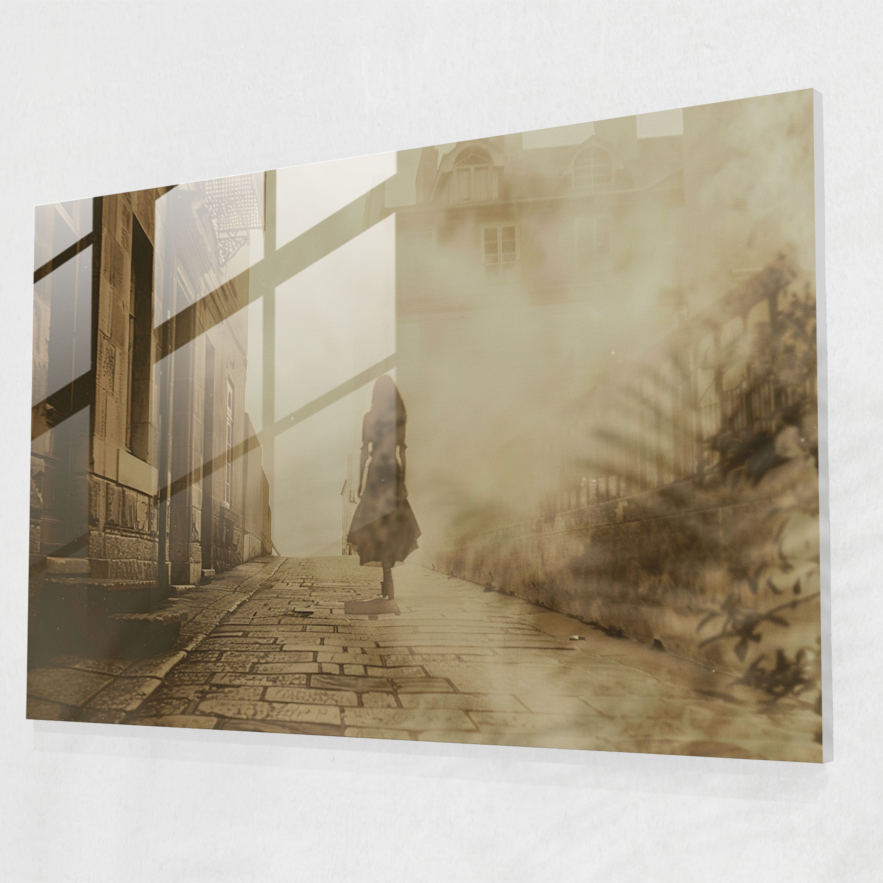Surrealism Art Glass Print - Vintage Woman Walking Down Street - Surrealism Art, Street, Home Decoration, Wall Decoration