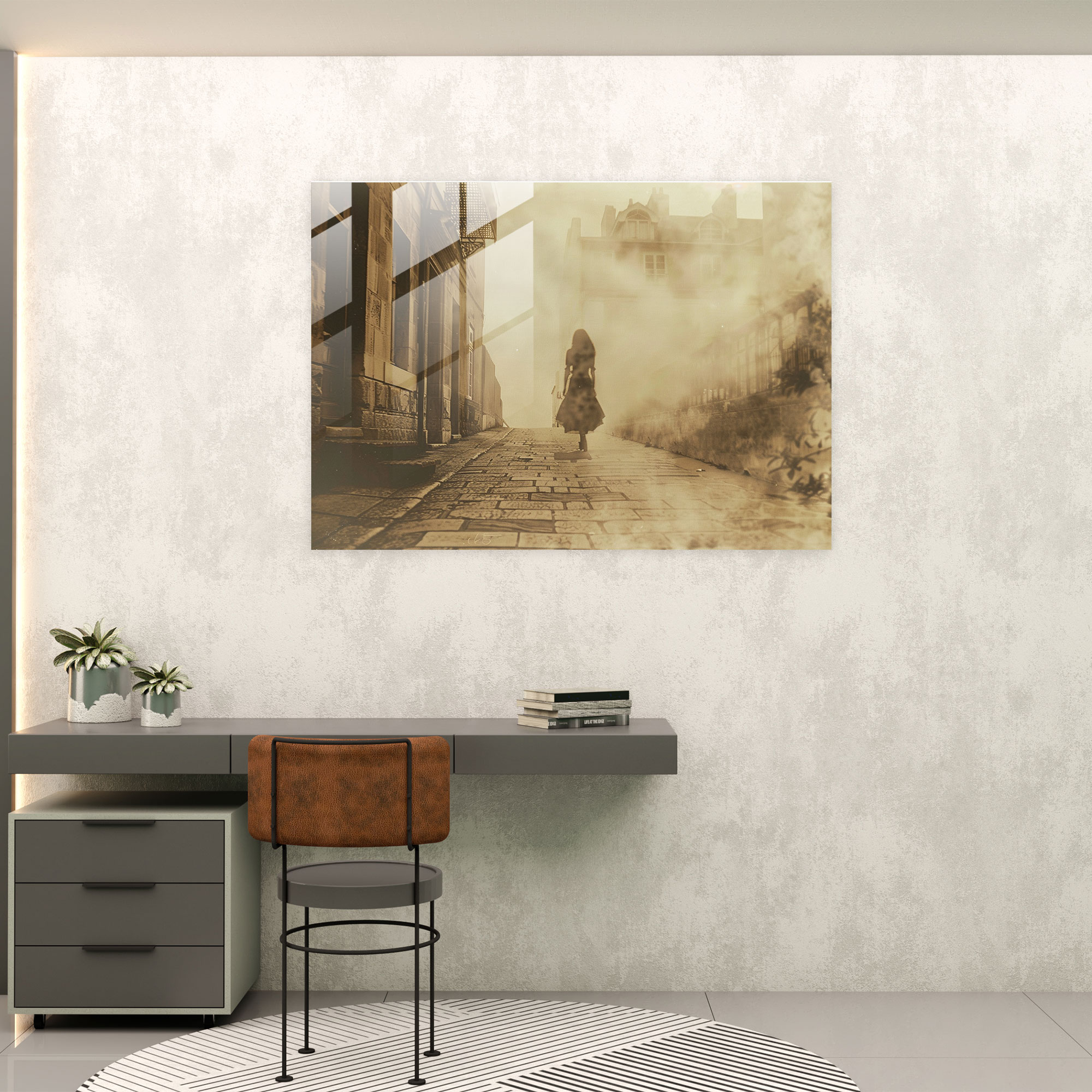Surrealism Art Glass Print - Vintage Woman Walking Down Street - Surrealism Art, Street, Home Decoration, Wall Decoration