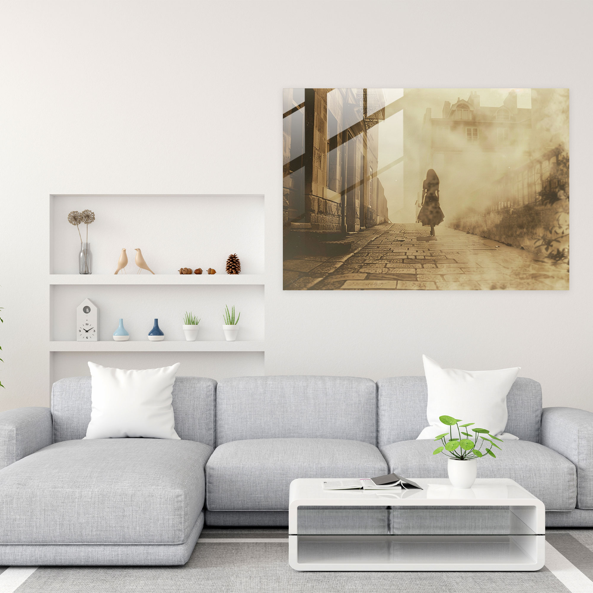 Surrealism Art Glass Print - Vintage Woman Walking Down Street - Surrealism Art, Street, Home Decoration, Wall Decoration