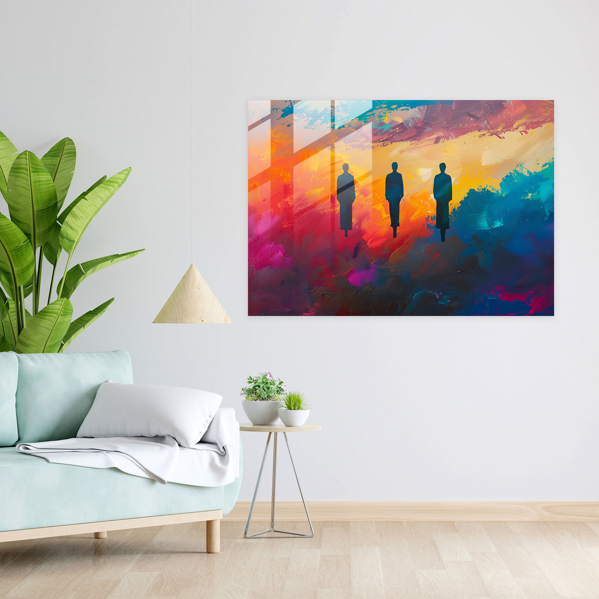 Surrealism Art Glass Print - Abstract Figures In Vibrant Sky - Surrealism Art, Vibrant, Glass Print, Abstract