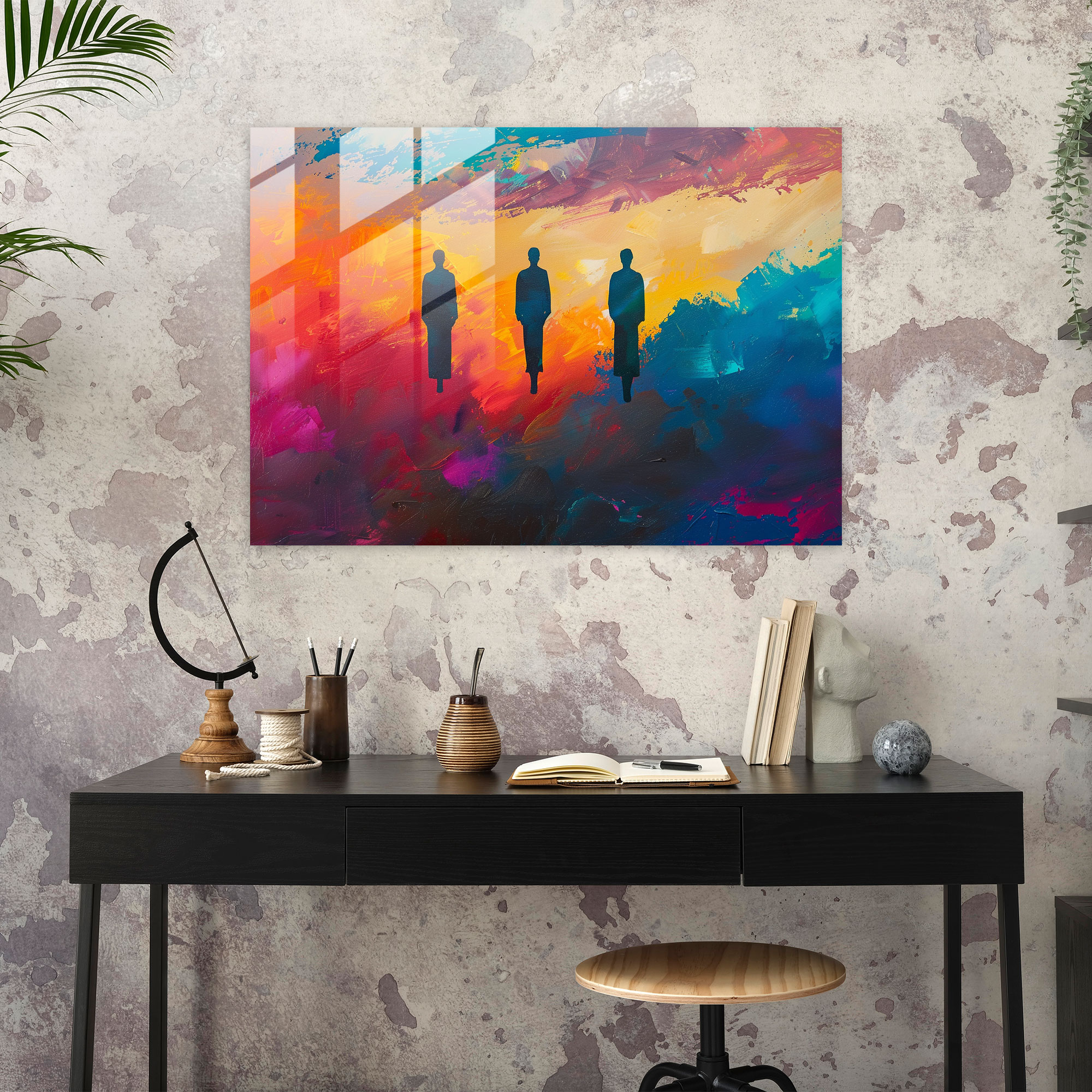 Surrealism Art Glass Print - Abstract Figures In Vibrant Sky - Surrealism Art, Vibrant, Glass Print, Abstract