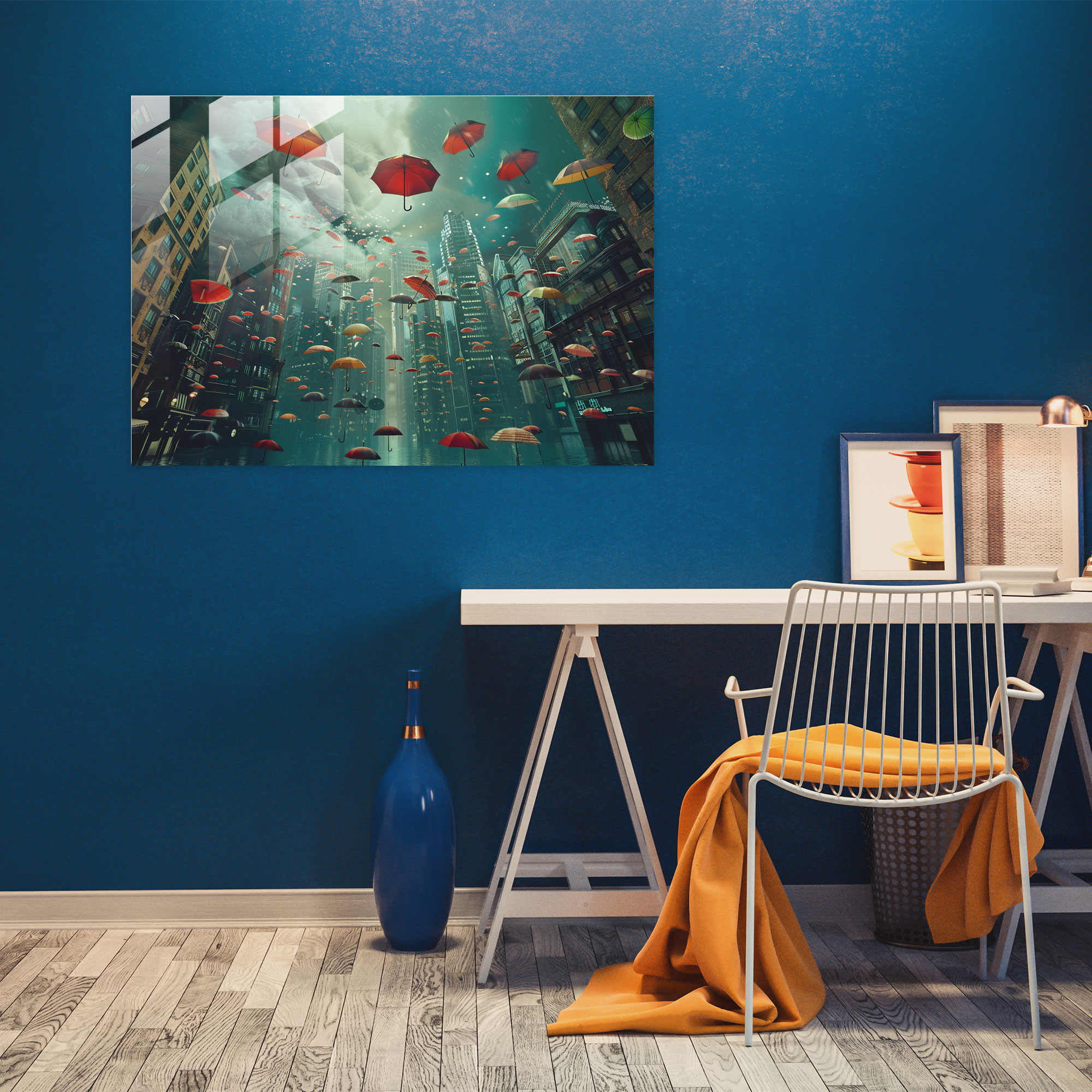 Surrealism Art Glass Print - Cityscape With Floating Umbrellas - Surrealism Art, Urban, Glass Print, Charm