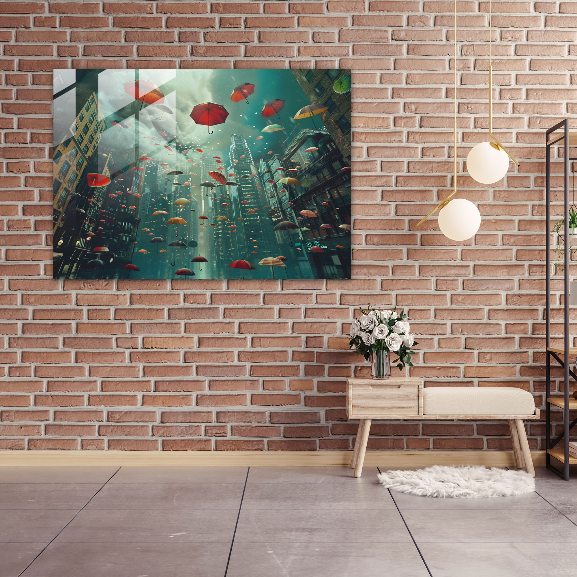 Surrealism Art Glass Print - Cityscape With Floating Umbrellas - Surrealism Art, Urban, Glass Print, Charm