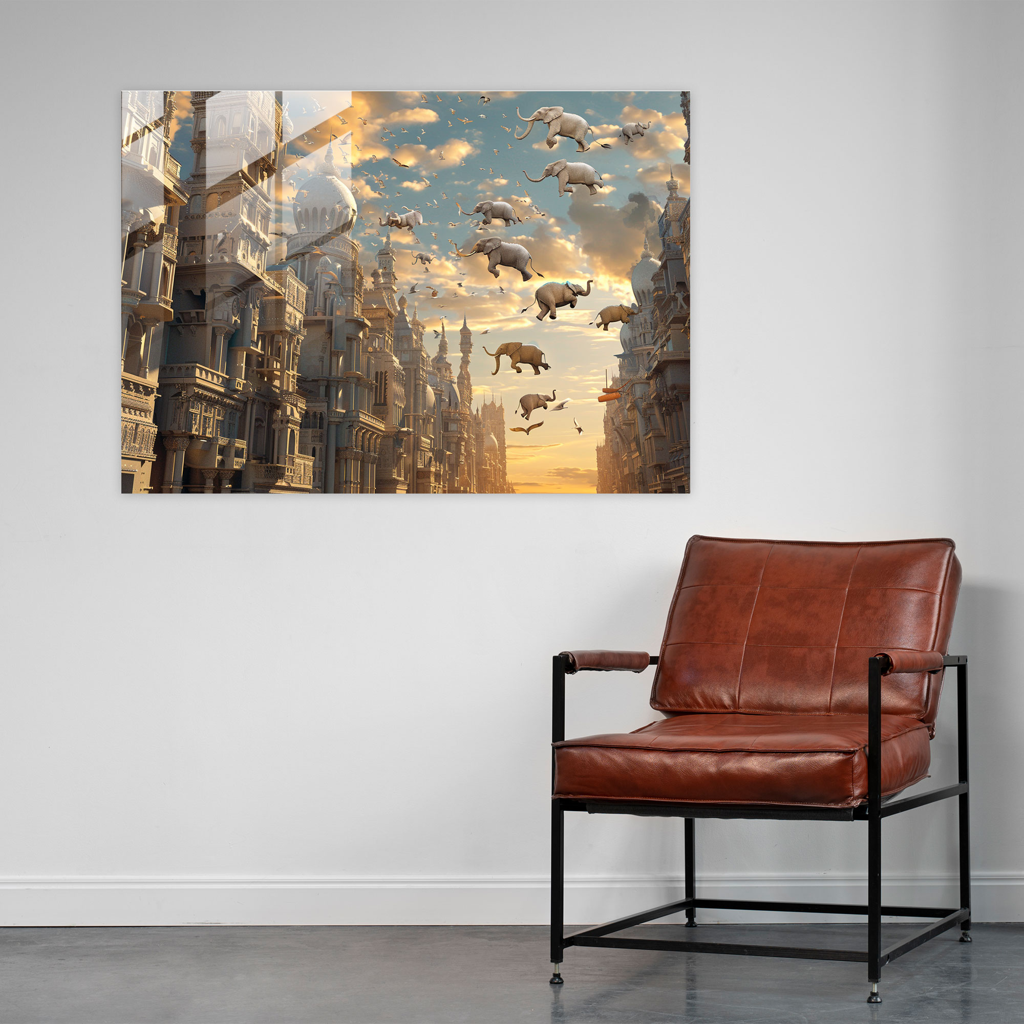 Flying Elephants Cityscape Glass Print - Surrealism Art, Glass Print, Home Decoration, Wall Decoration