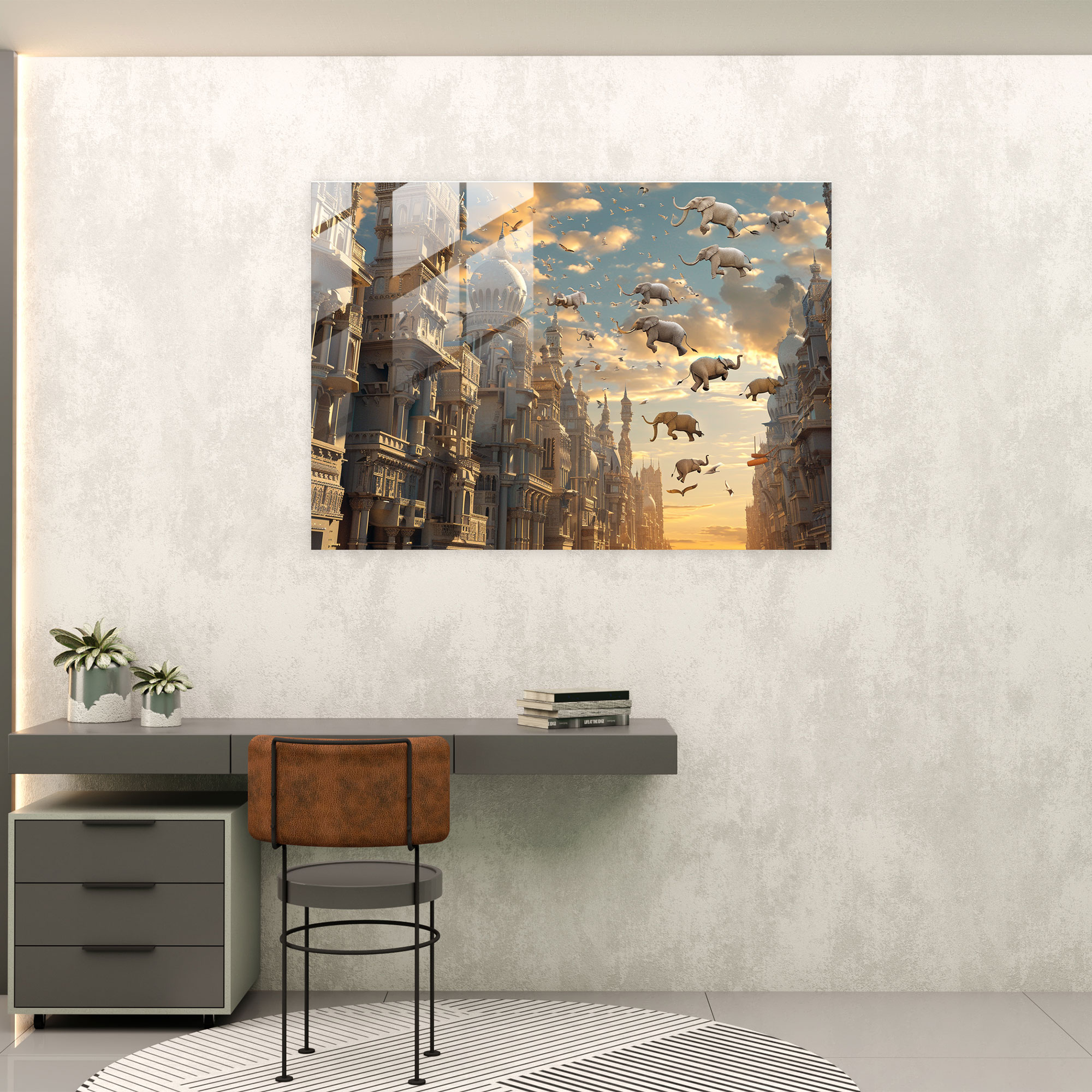 Flying Elephants Cityscape Glass Print - Surrealism Art, Glass Print, Home Decoration, Wall Decoration