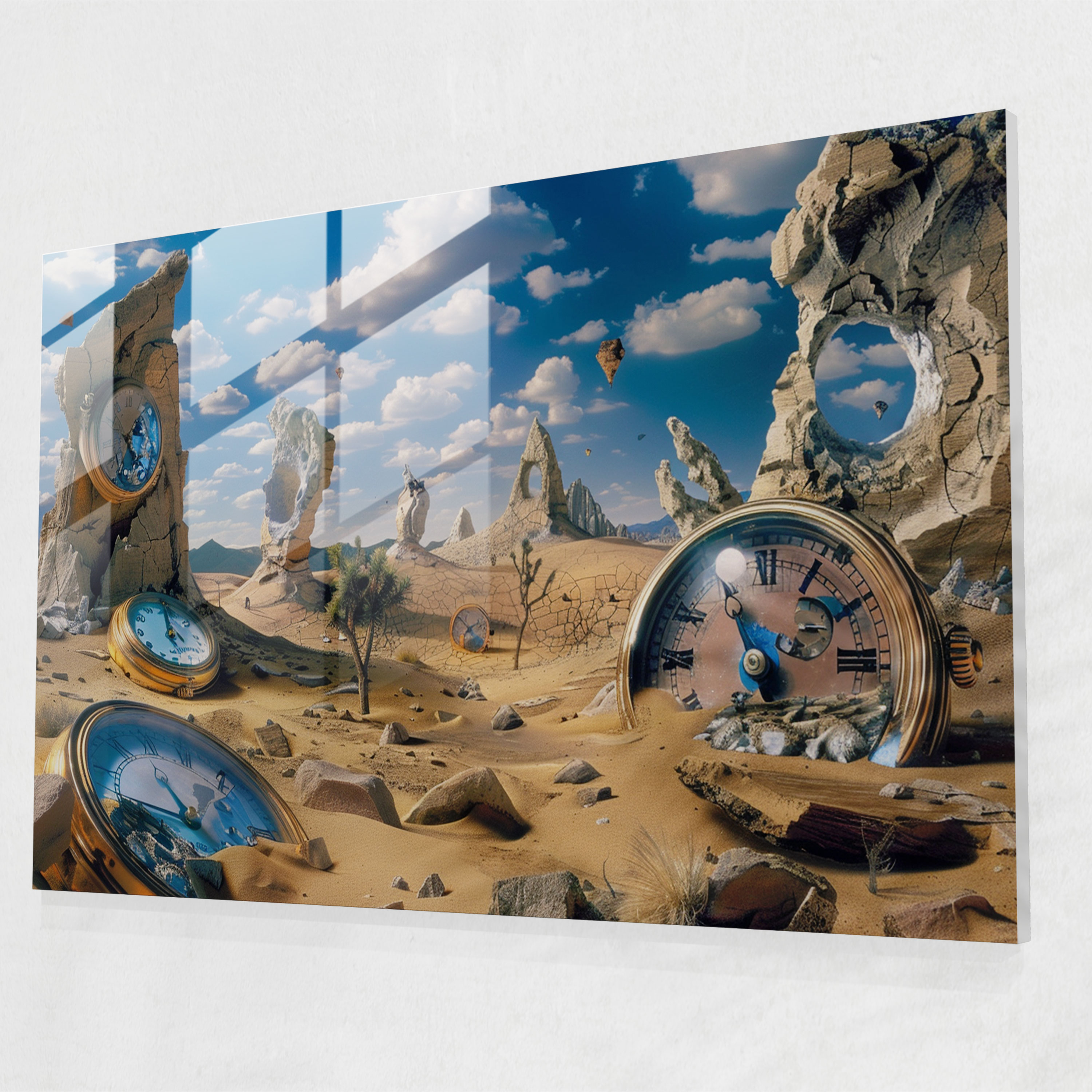 Melting Clocks Desert Glass Art - Surrealism Art, Home Decoration, Surrealism Art, Wall Decoration