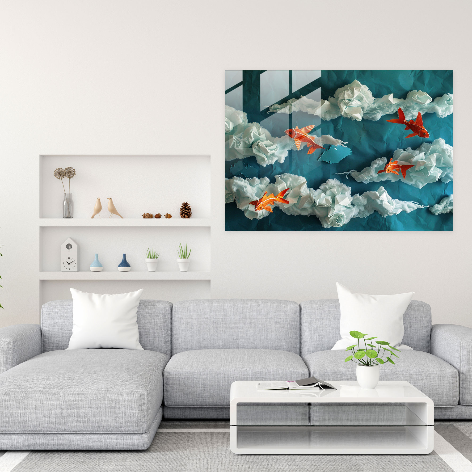 Flying Fish Clouds Glass Wall Art - Surrealism Art, Wall Decoration, Glass Art, Glass Wall Art