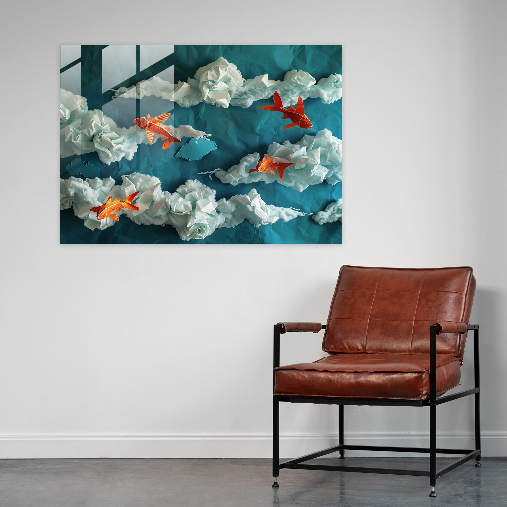 Flying Fish Clouds Glass Wall Art - Surrealism Art, Wall Decoration, Glass Art, Glass Wall Art