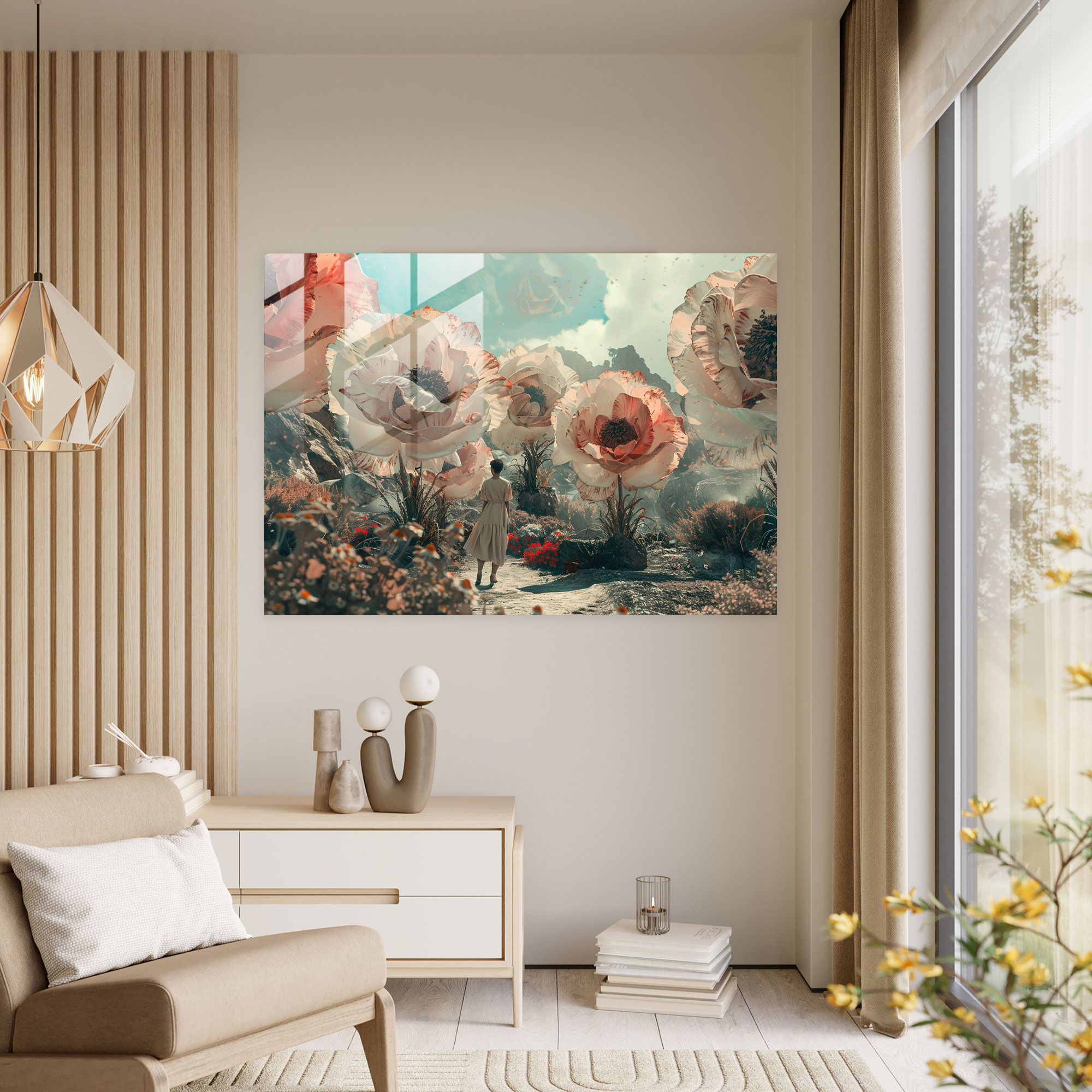 Oversized Flowers Garden Glass Print - Surrealism Art, Modern Art, Surrealism Art, Glass Art