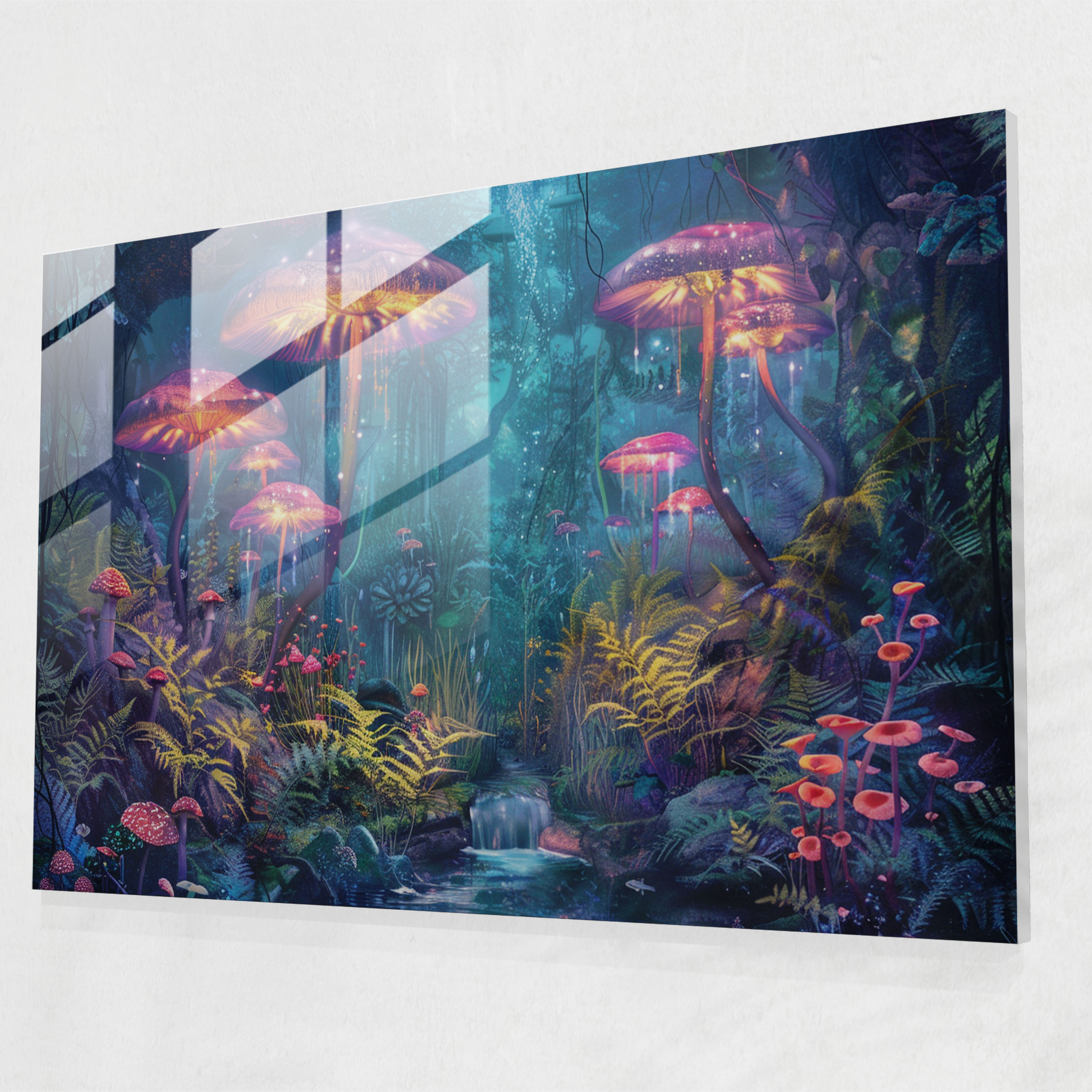 Glowing Mushrooms Underwater Garden Glass Print - Surrealism Art, Modern Art, Glass Art, Surrealism Art