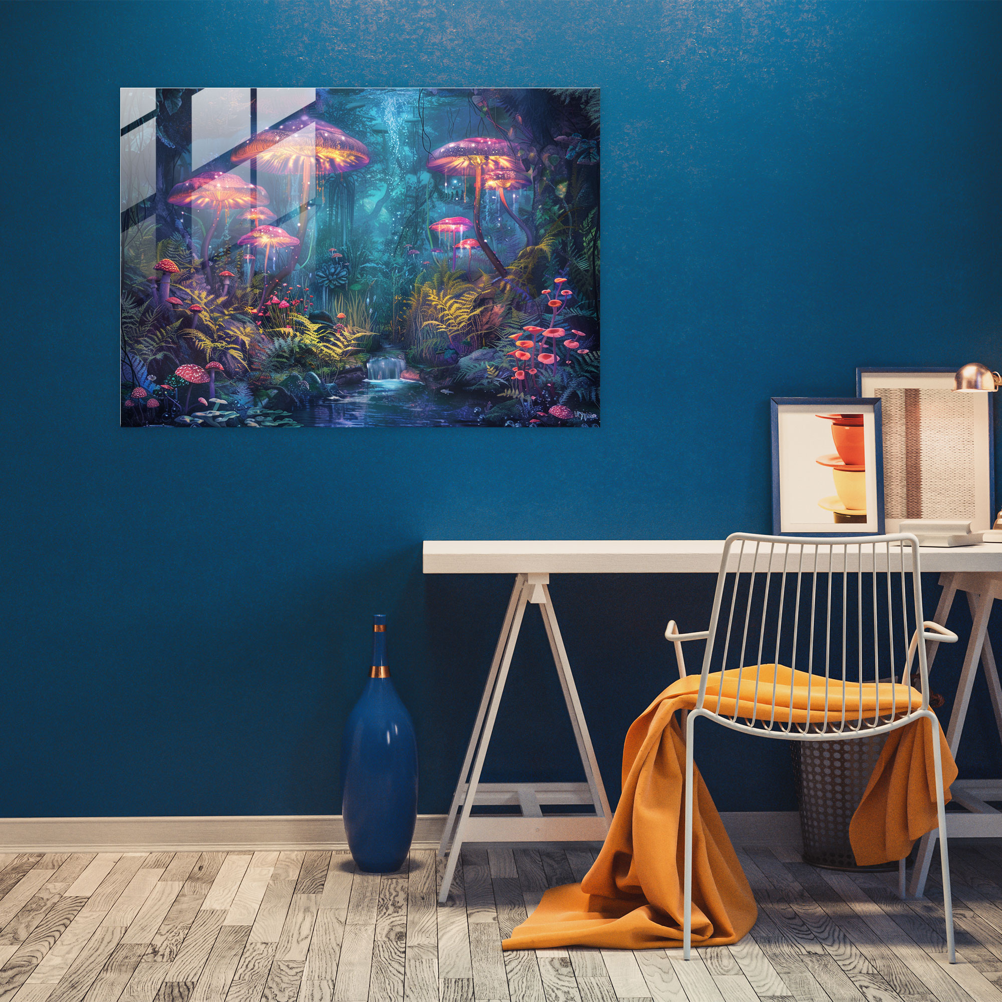 Glowing Mushrooms Underwater Garden Glass Print - Surrealism Art, Modern Art, Glass Art, Surrealism Art