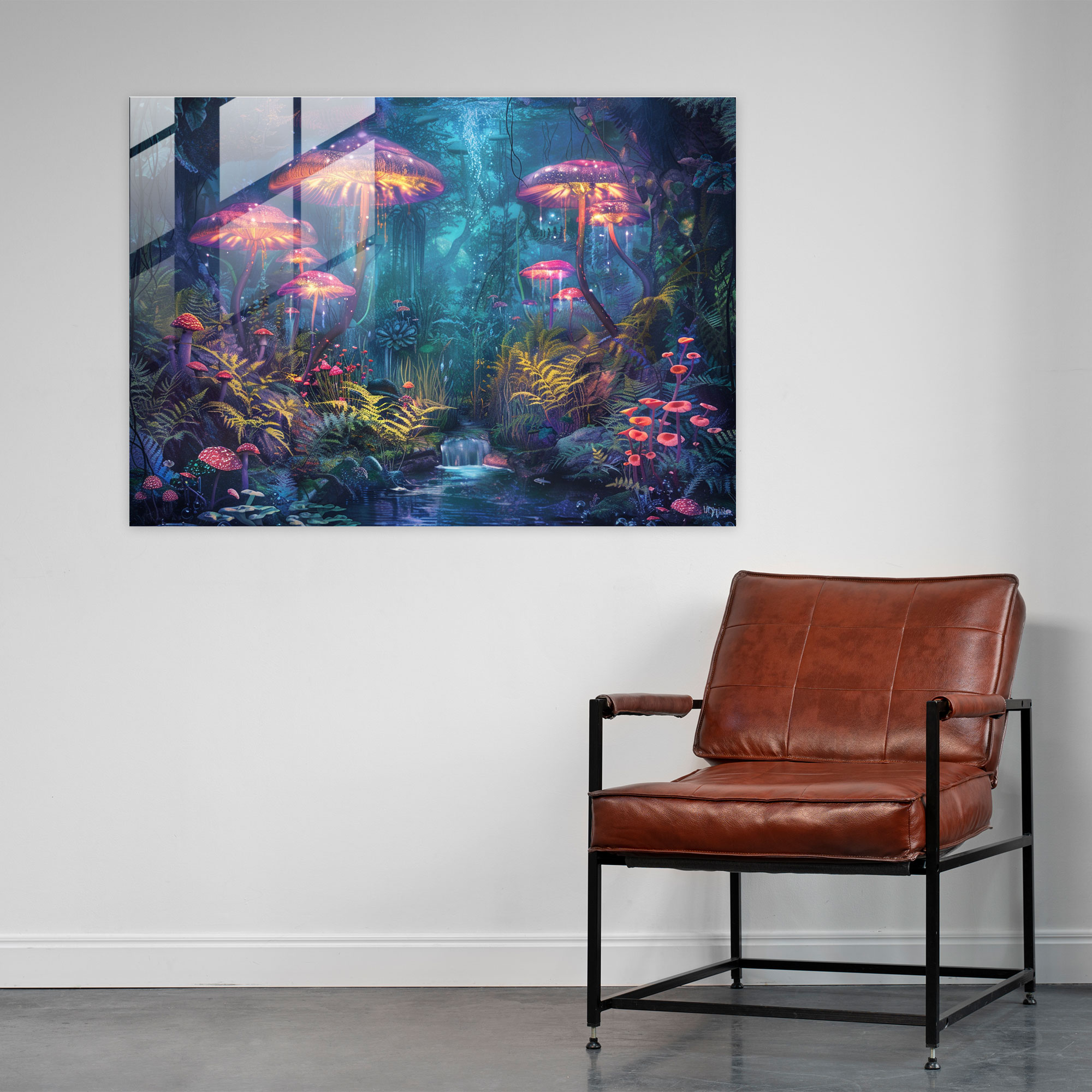 Glowing Mushrooms Underwater Garden Glass Print - Surrealism Art, Modern Art, Glass Art, Surrealism Art