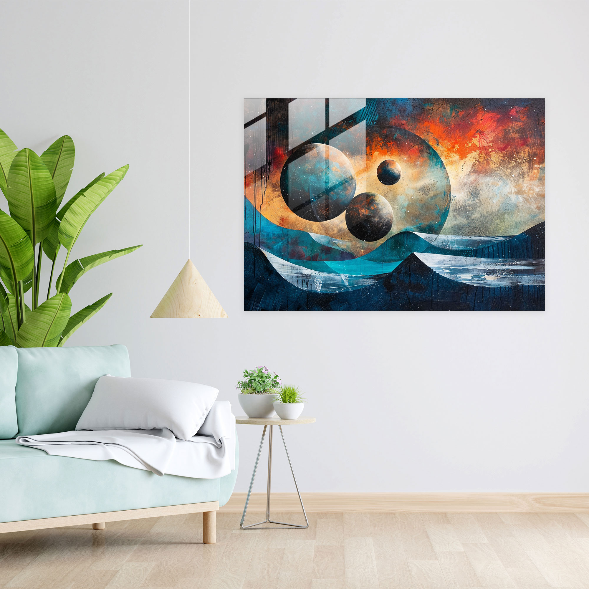 Floating Spheres Space Glass Wall Art - Surrealism Art, Home Decoration, Surrealism Art, Glass Wall Art