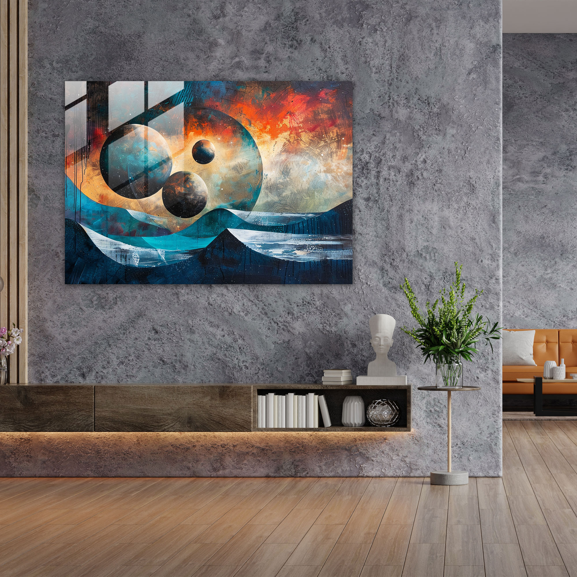 Floating Spheres Space Glass Wall Art - Surrealism Art, Home Decoration, Surrealism Art, Glass Wall Art