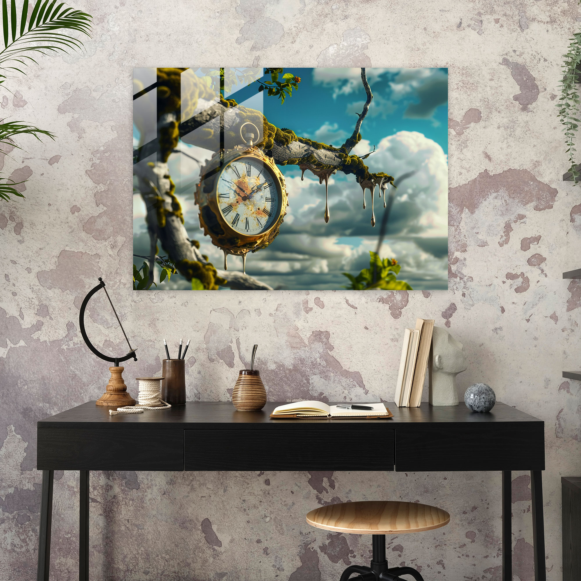Surrealism Art Glass Print - Melting Clock On Tree - Surrealism Art, Wall Decoration, Home Decoration, Glass Art