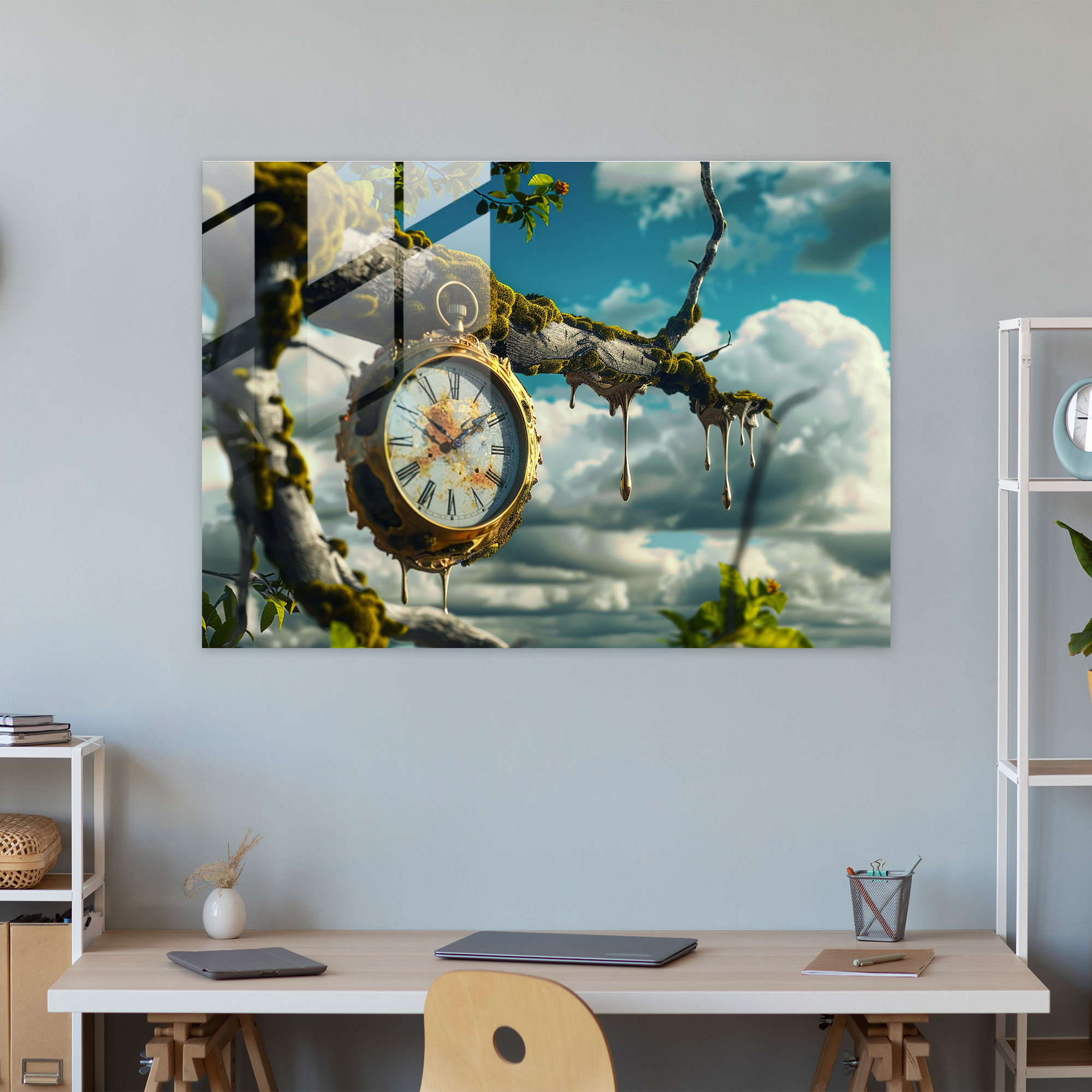 Surrealism Art Glass Print - Melting Clock On Tree - Surrealism Art, Wall Decoration, Home Decoration, Glass Art