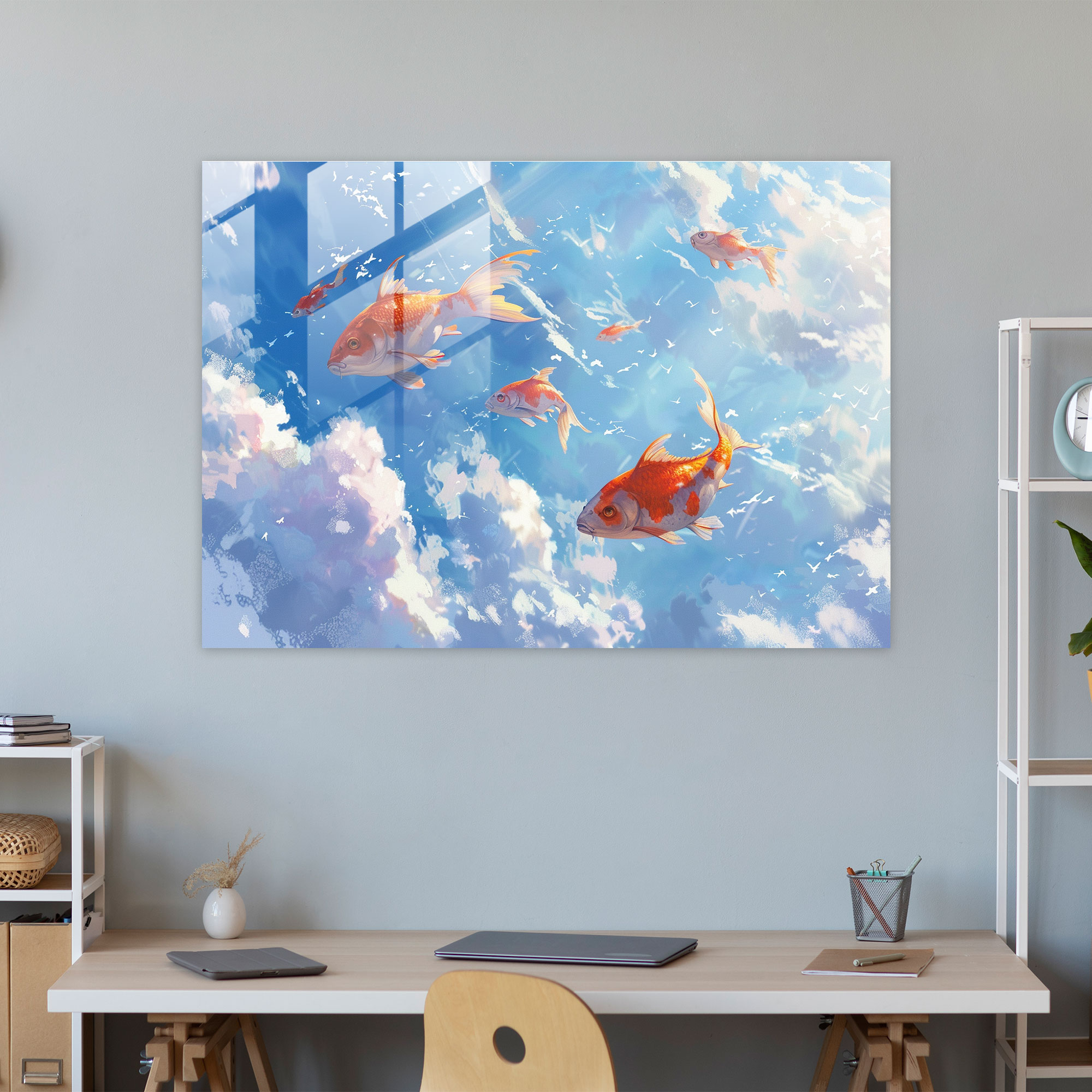 Surrealism Art Glass Wall Art - Flying Fish - Surrealism Art, Modern Art, Glass Wall Art, Glass Art