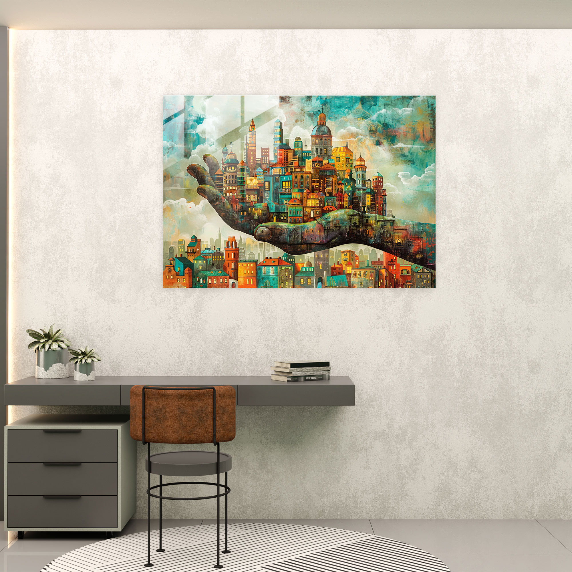 Surrealism Art Glass Print - Hand Holding City - Surrealism Art, Glass Art, Glass Wall Art, Surrealism Art