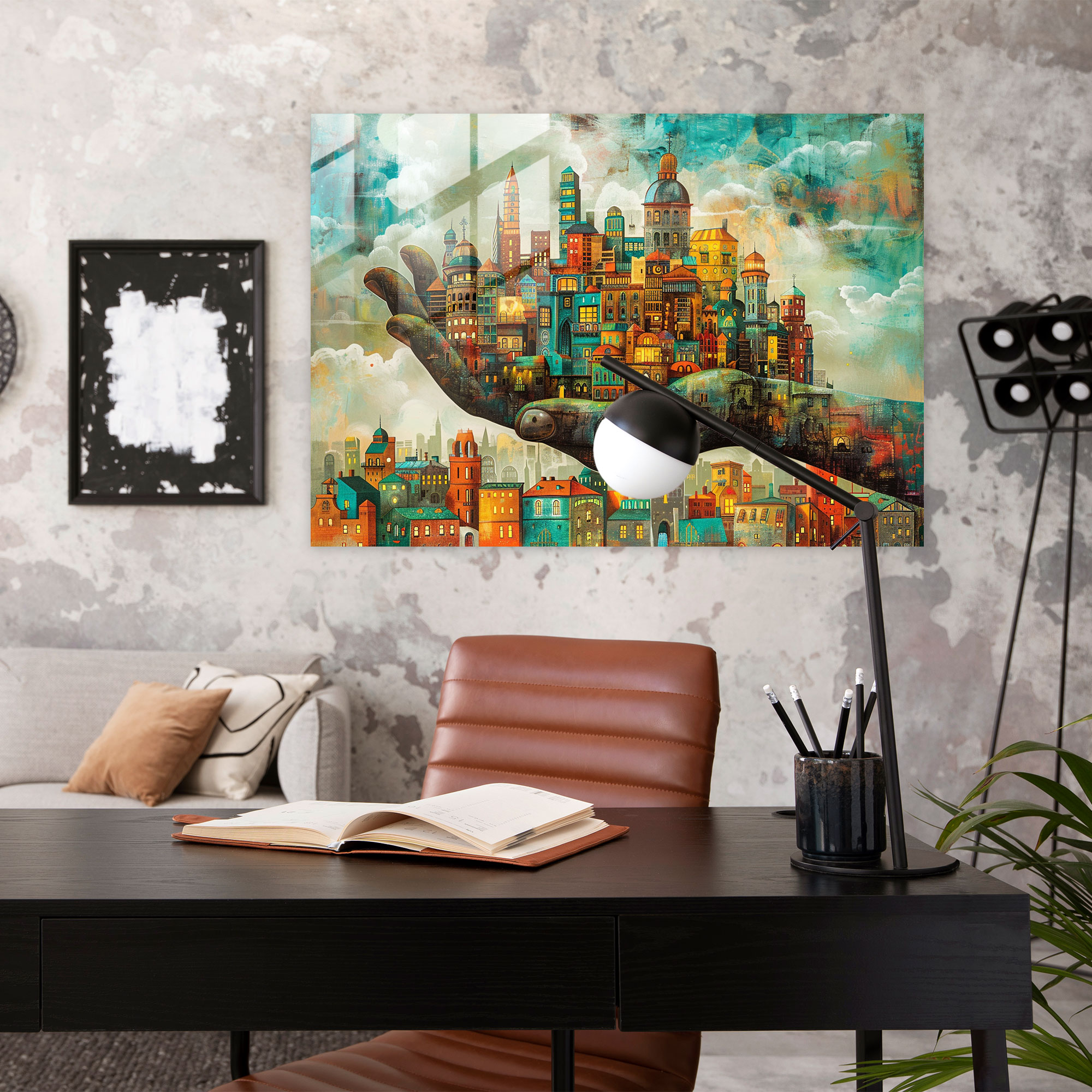 Surrealism Art Glass Print - Hand Holding City - Surrealism Art, Glass Art, Glass Wall Art, Surrealism Art
