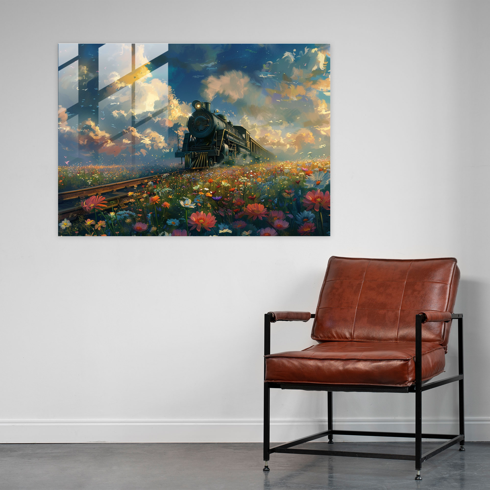 Surrealism Art Glass Print - Train In Flower Field - Surrealism Art, Glass Print, Modern Art, Surrealism Art