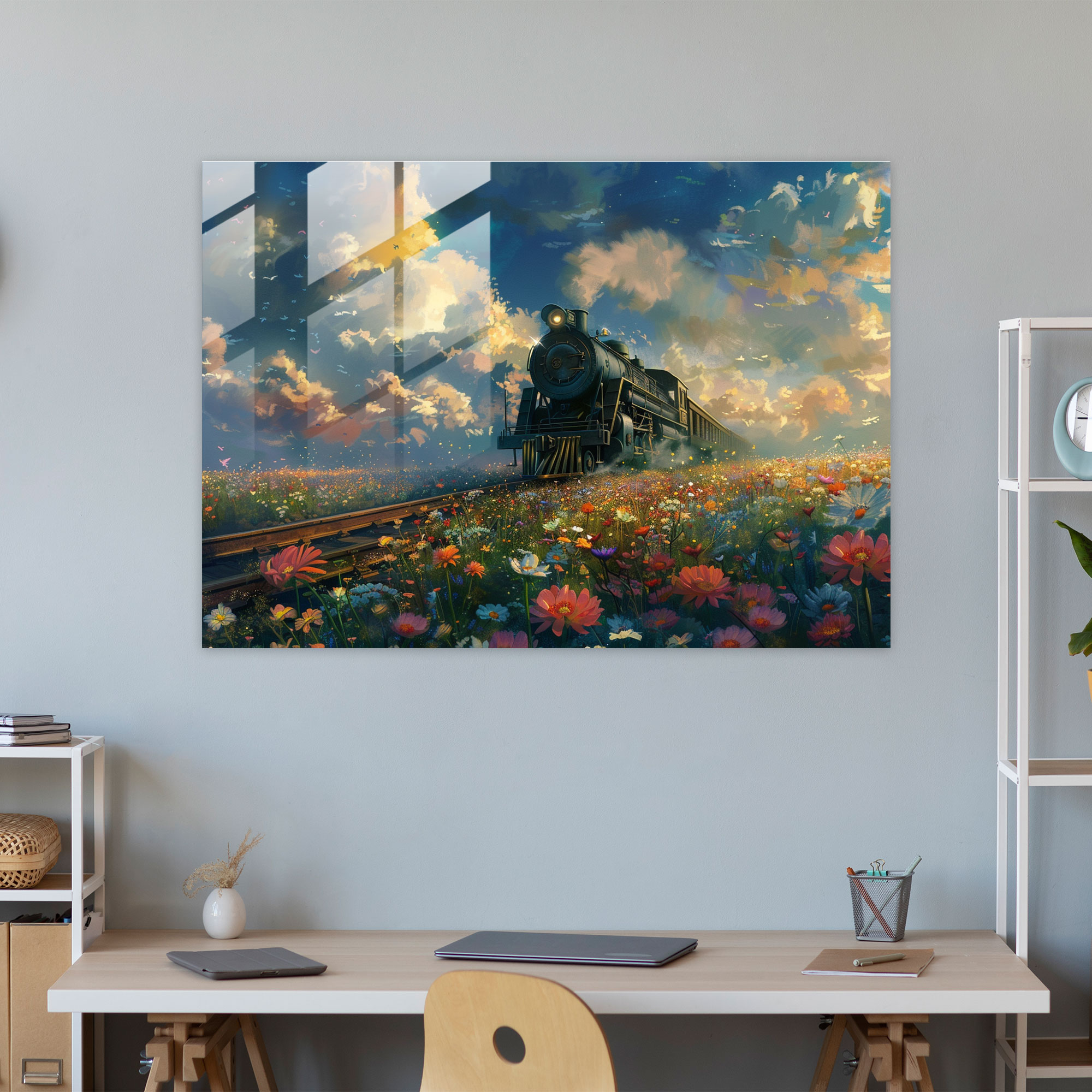 Surrealism Art Glass Print - Train In Flower Field - Surrealism Art, Glass Print, Modern Art, Surrealism Art