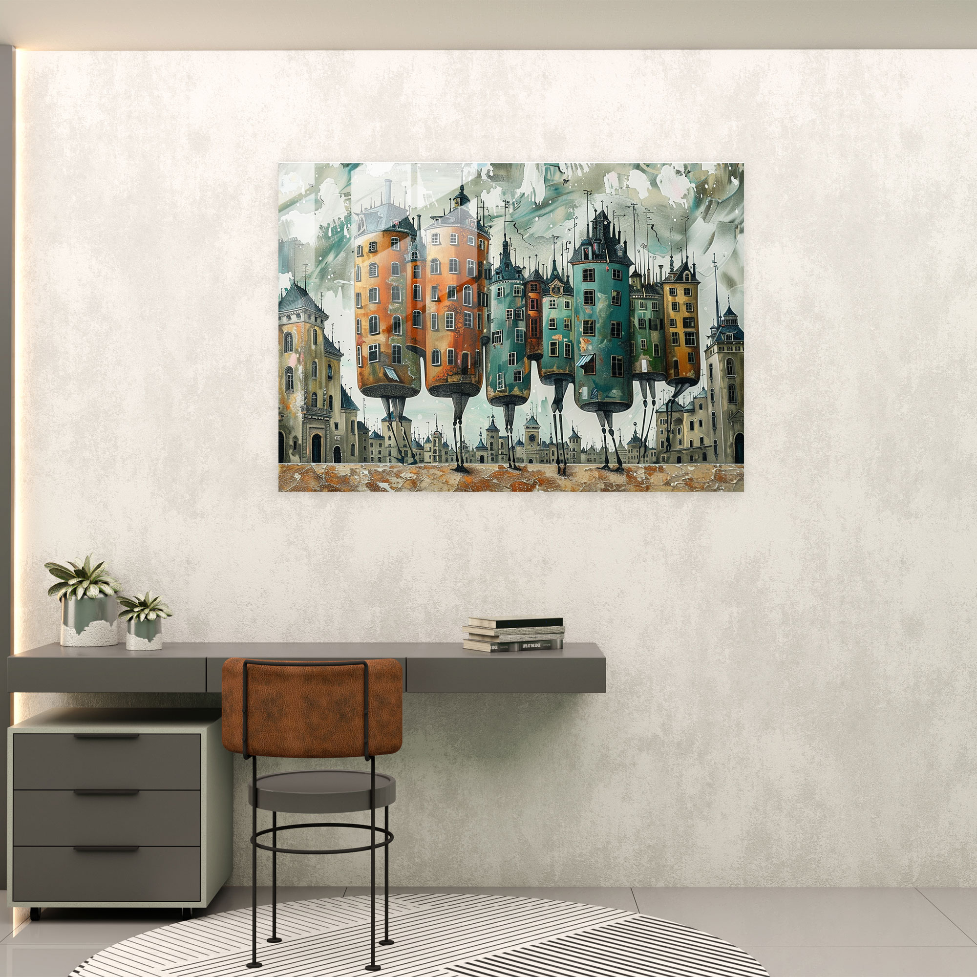 Surrealism Art Glass Wall Art - Walking Buildings - Surrealism Art, Home Decoration, Glass Art, Modern Art