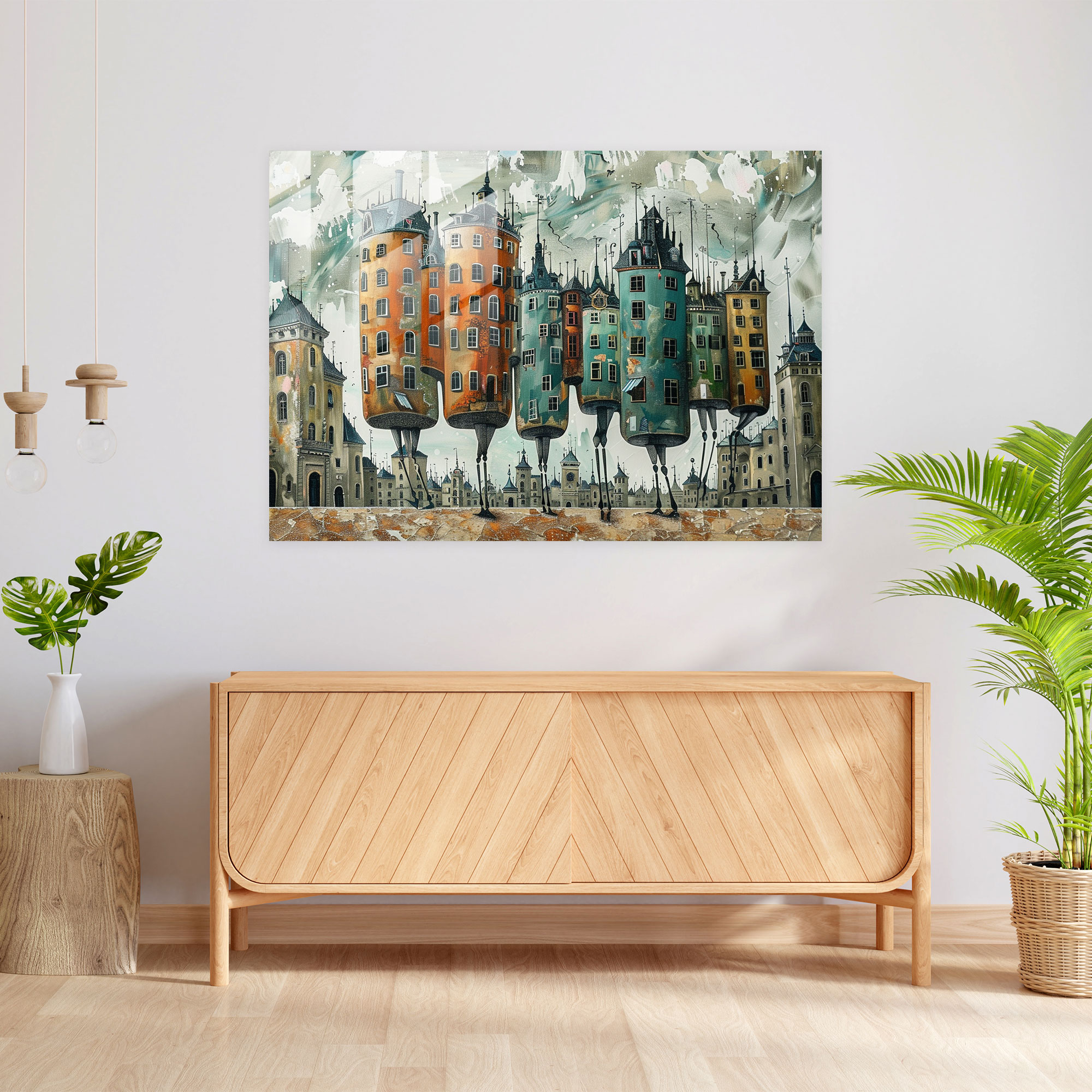 Surrealism Art Glass Wall Art - Walking Buildings - Surrealism Art, Home Decoration, Glass Art, Modern Art