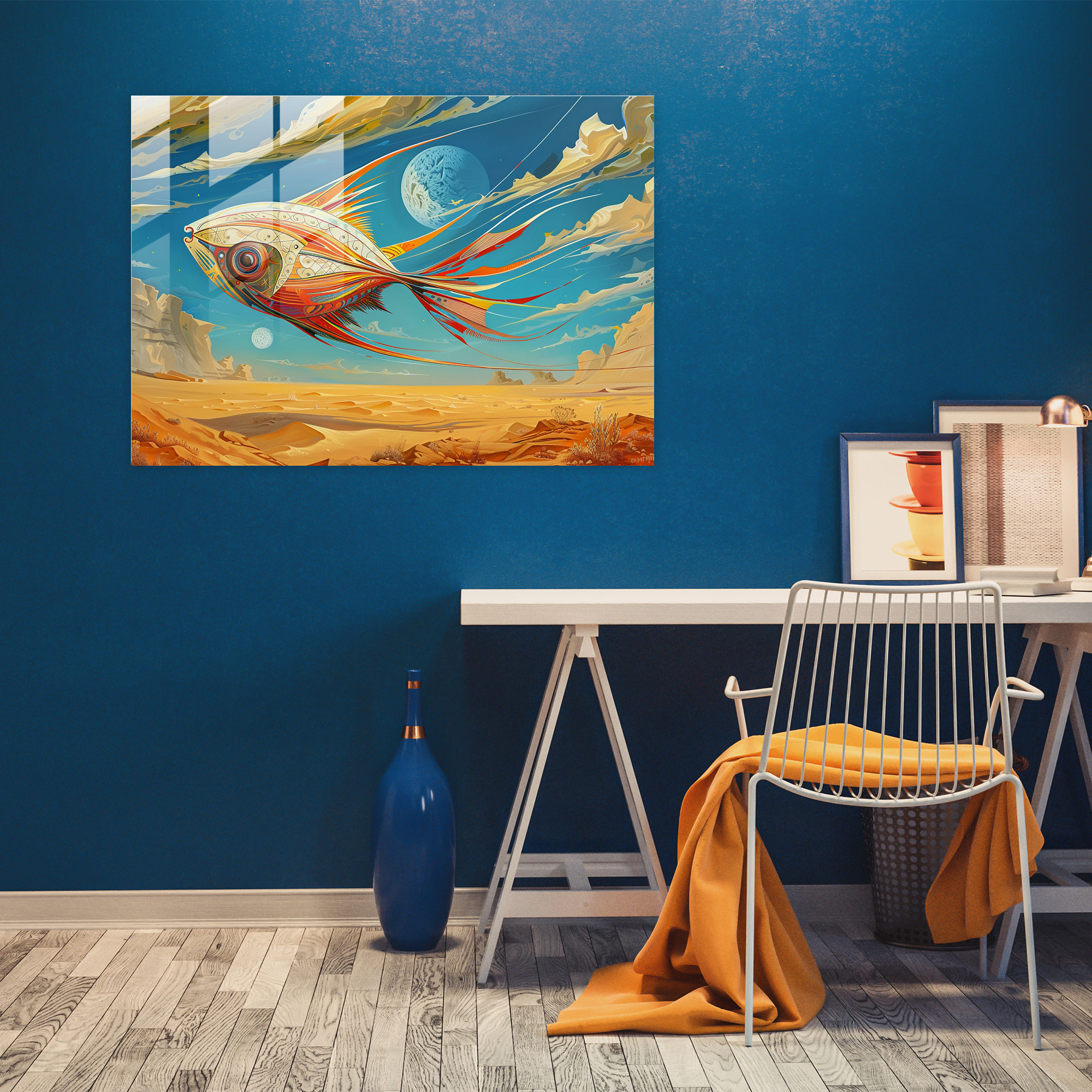 Whimsical Flying Fish Glass Print - Surrealism Art, Home Decoration, Surrealism Art, Modern Art