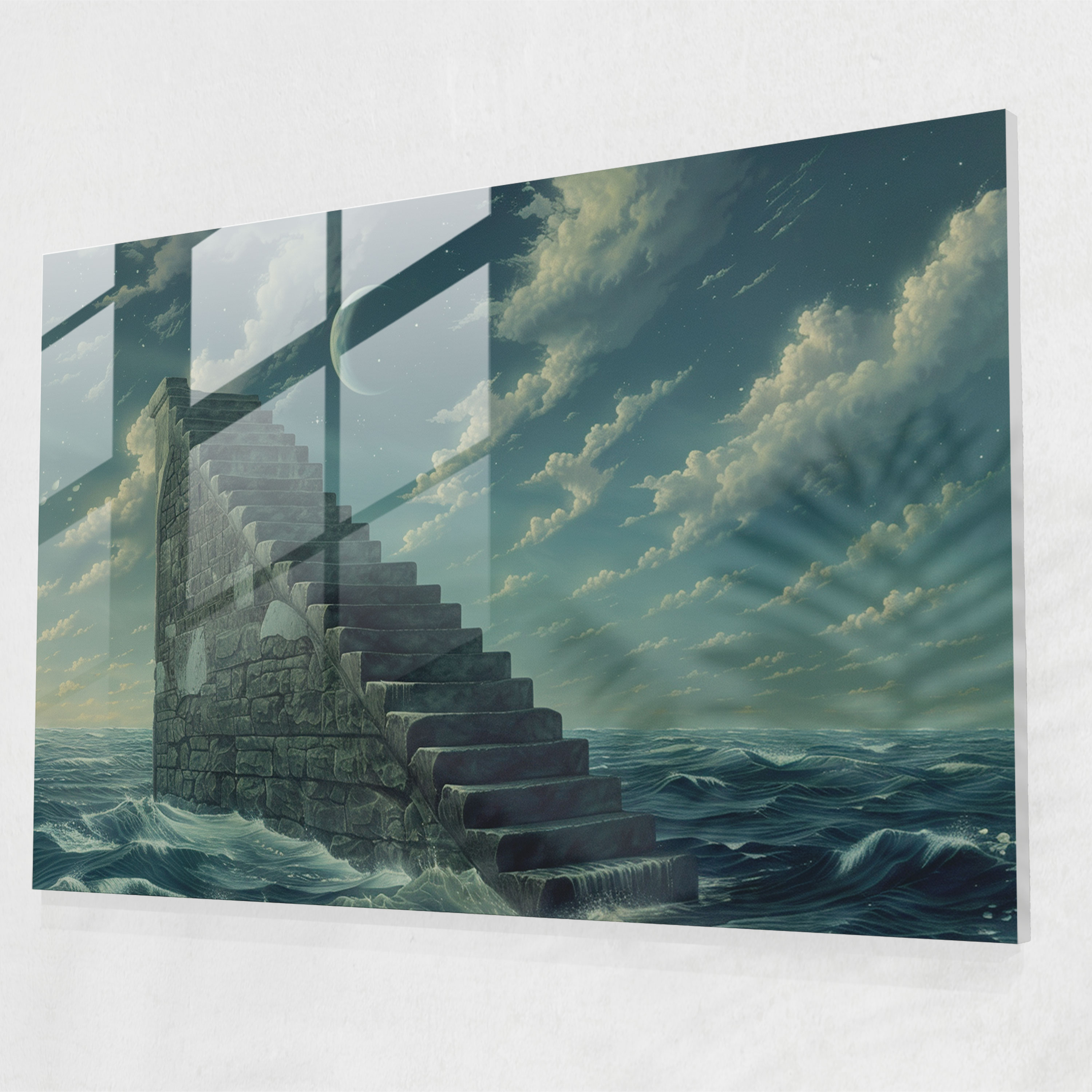 Enigmatic Staircase Glass Wall Art - Surrealism Art, Glass Wall Art, Wall Decoration, Surrealism Art