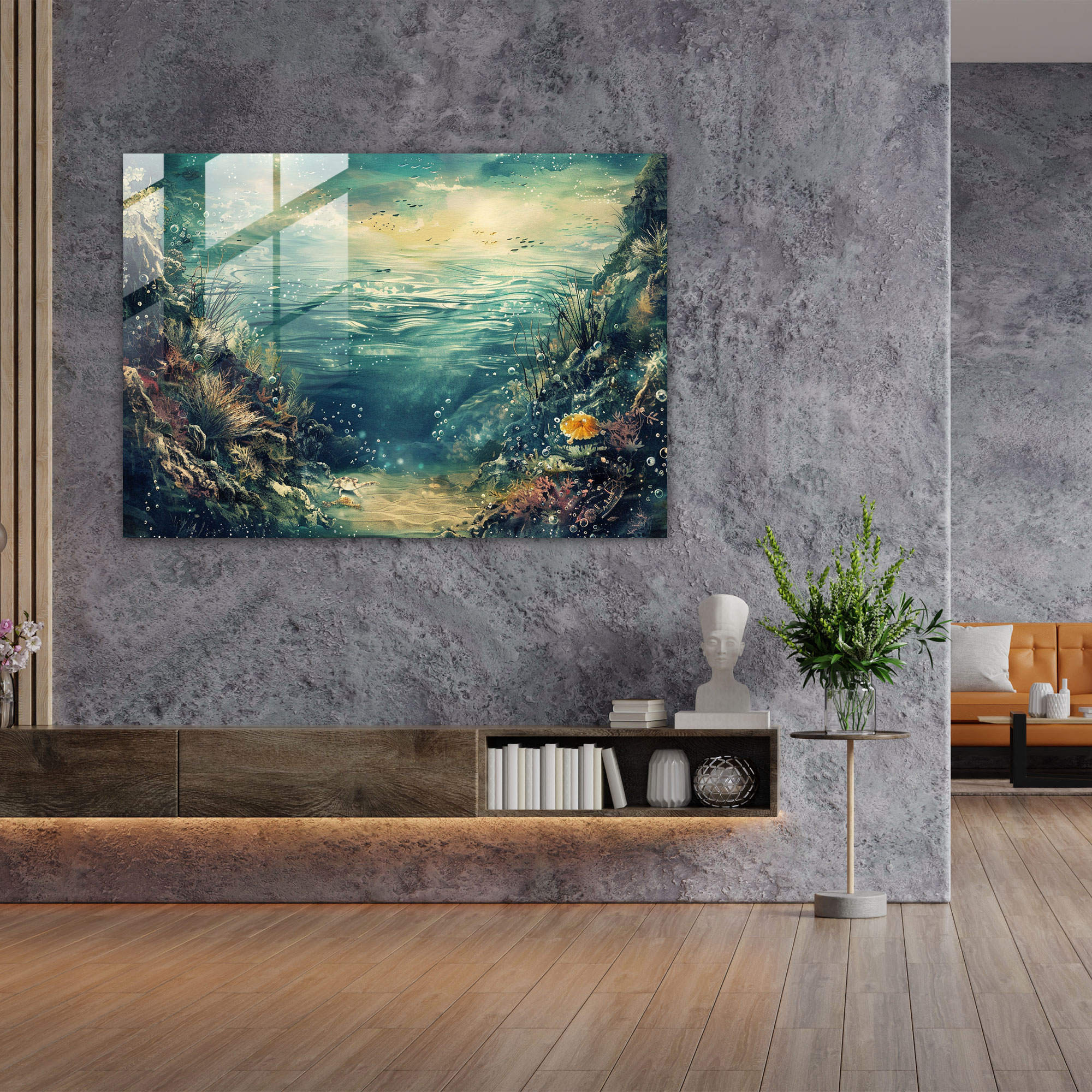 Surrealism Glass Print: Dreamy Underwater Ocean Scene - Surrealism Art, Glass Print, Modern Art, Glass Wall Art
