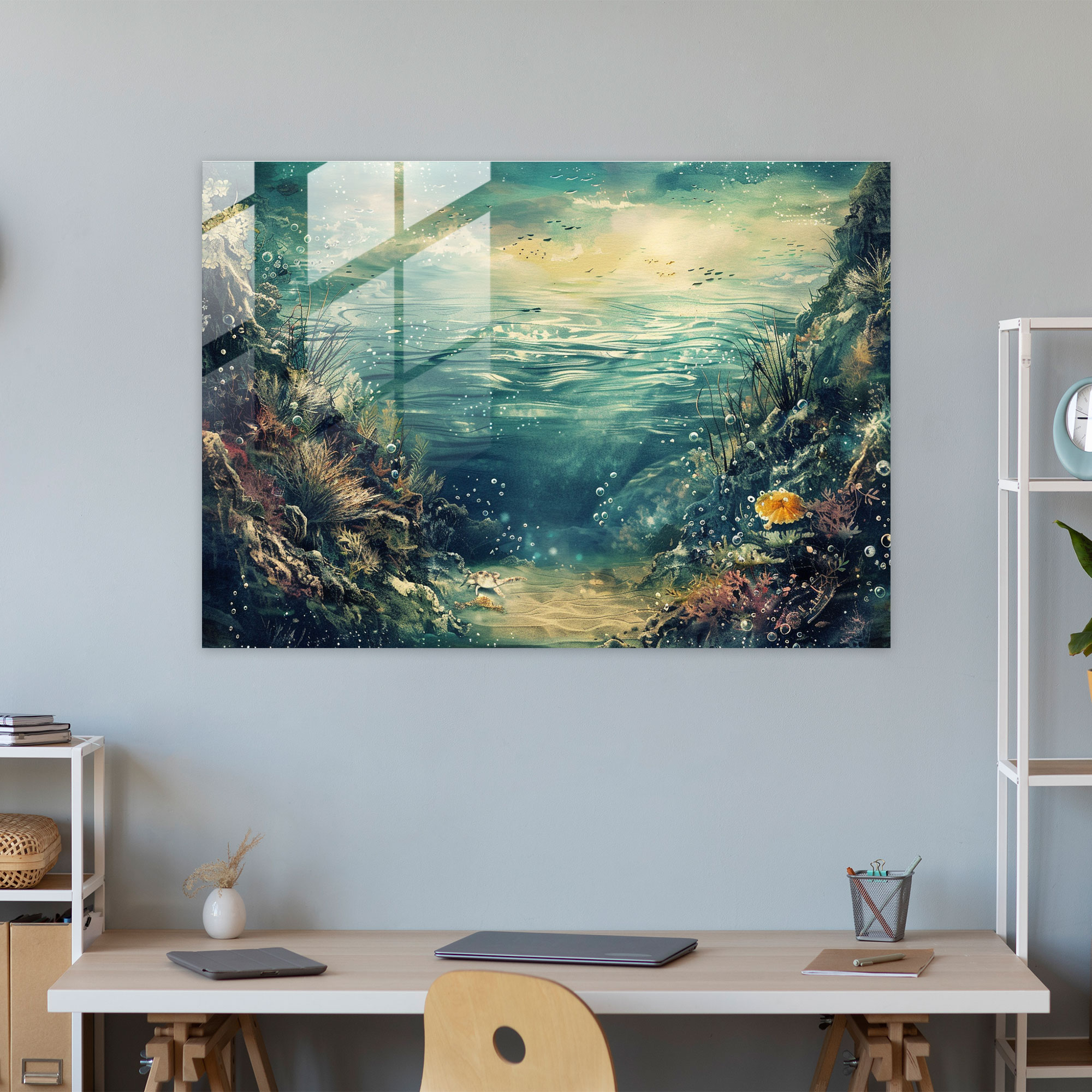 Surrealism Glass Print: Dreamy Underwater Ocean Scene - Surrealism Art, Glass Print, Modern Art, Glass Wall Art
