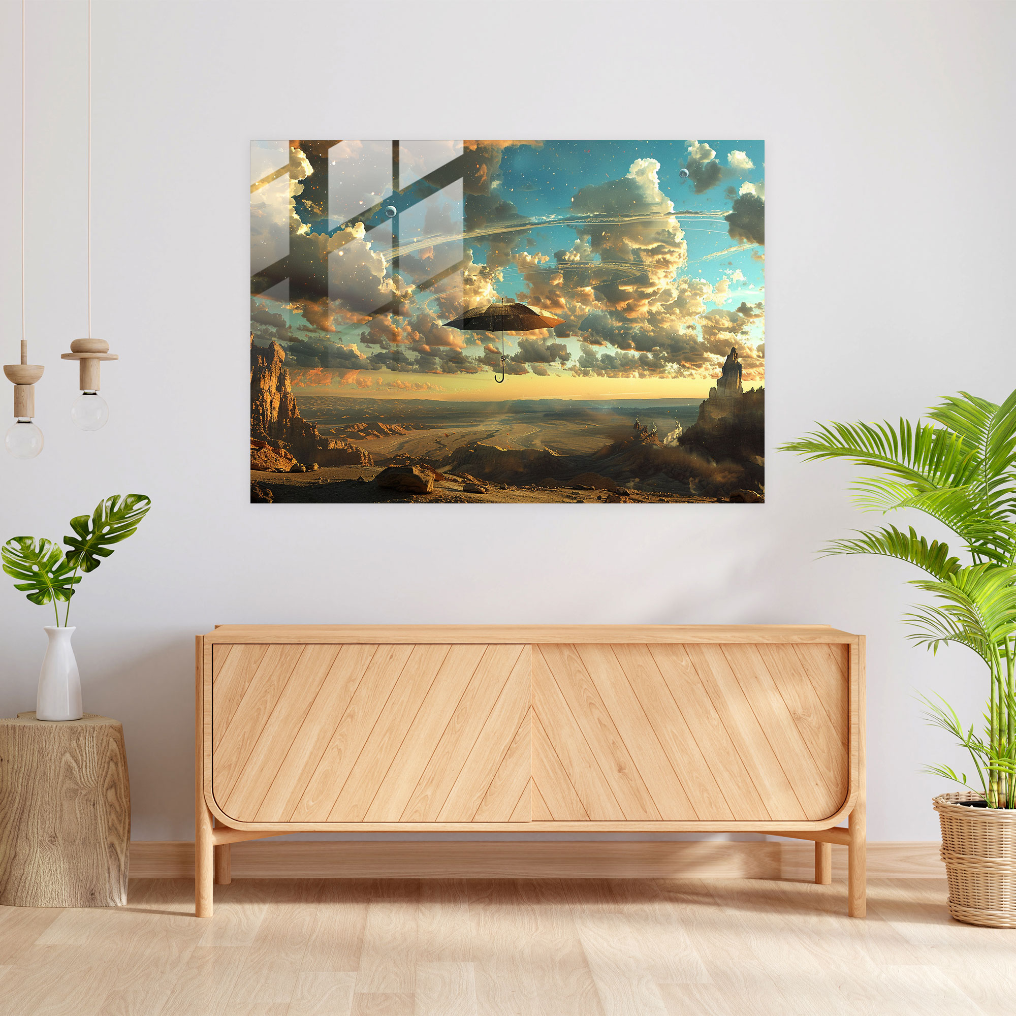 Surrealism Glass Wall Art: Floating Umbrella In Desert Landscape - Surrealism Art, Home Decoration, Glass Wall Art, Modern Art