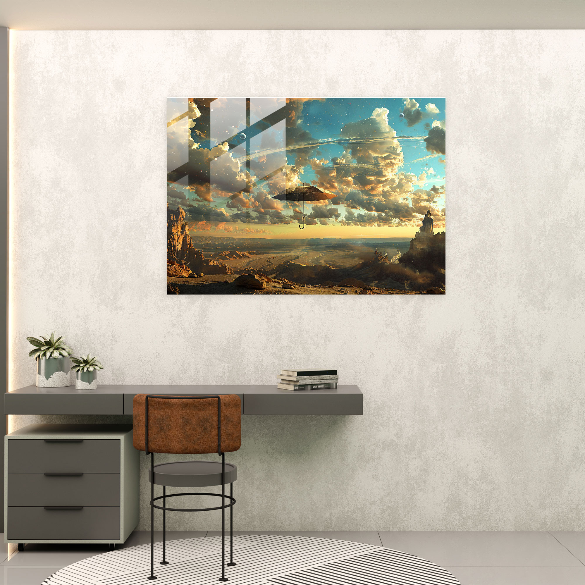 Surrealism Glass Wall Art: Floating Umbrella In Desert Landscape - Surrealism Art, Home Decoration, Glass Wall Art, Modern Art