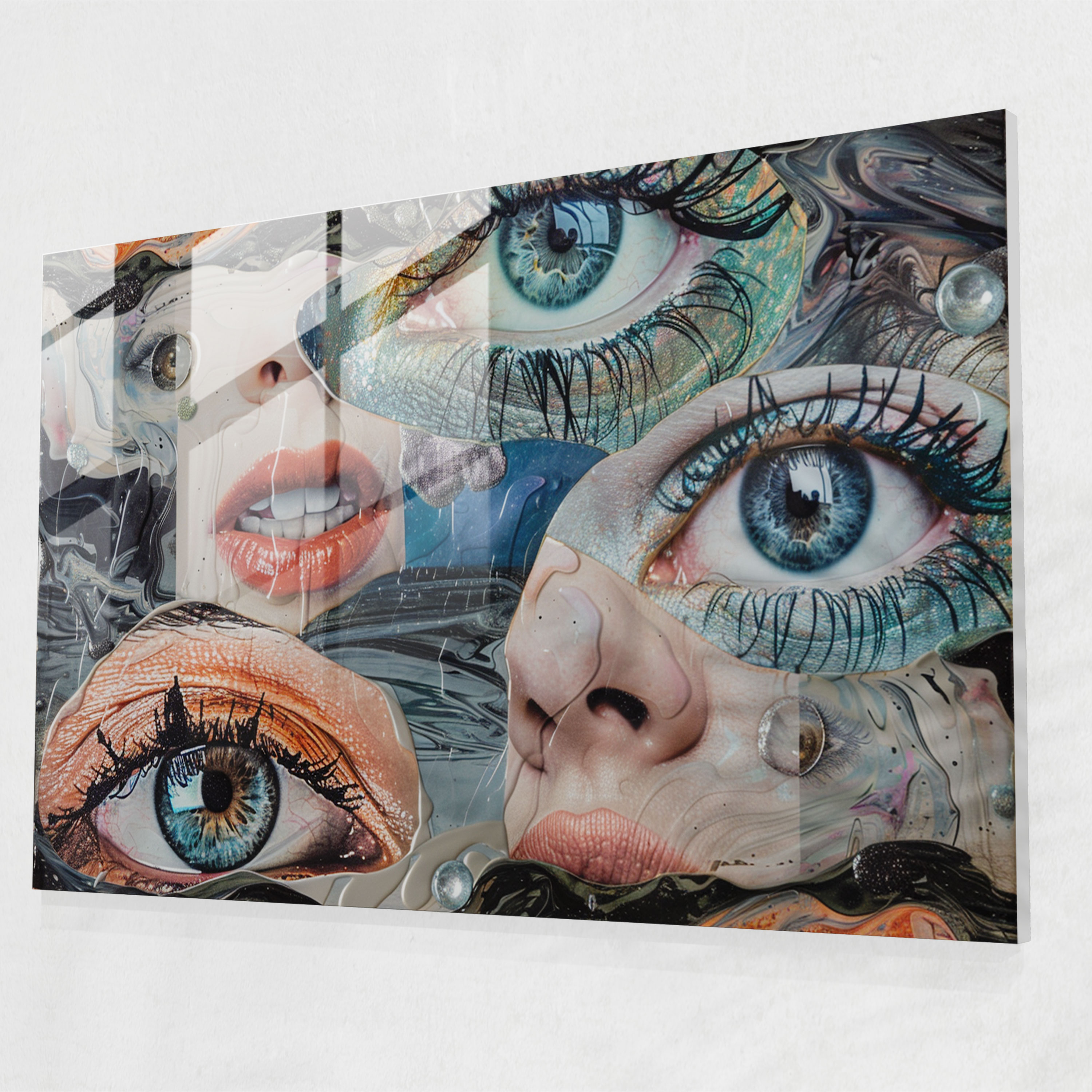 Surrealism Glass Art: Collage Of Floating Eyes And Lips - Surrealism Art, Modern Art, Wall Decoration, Glass Art