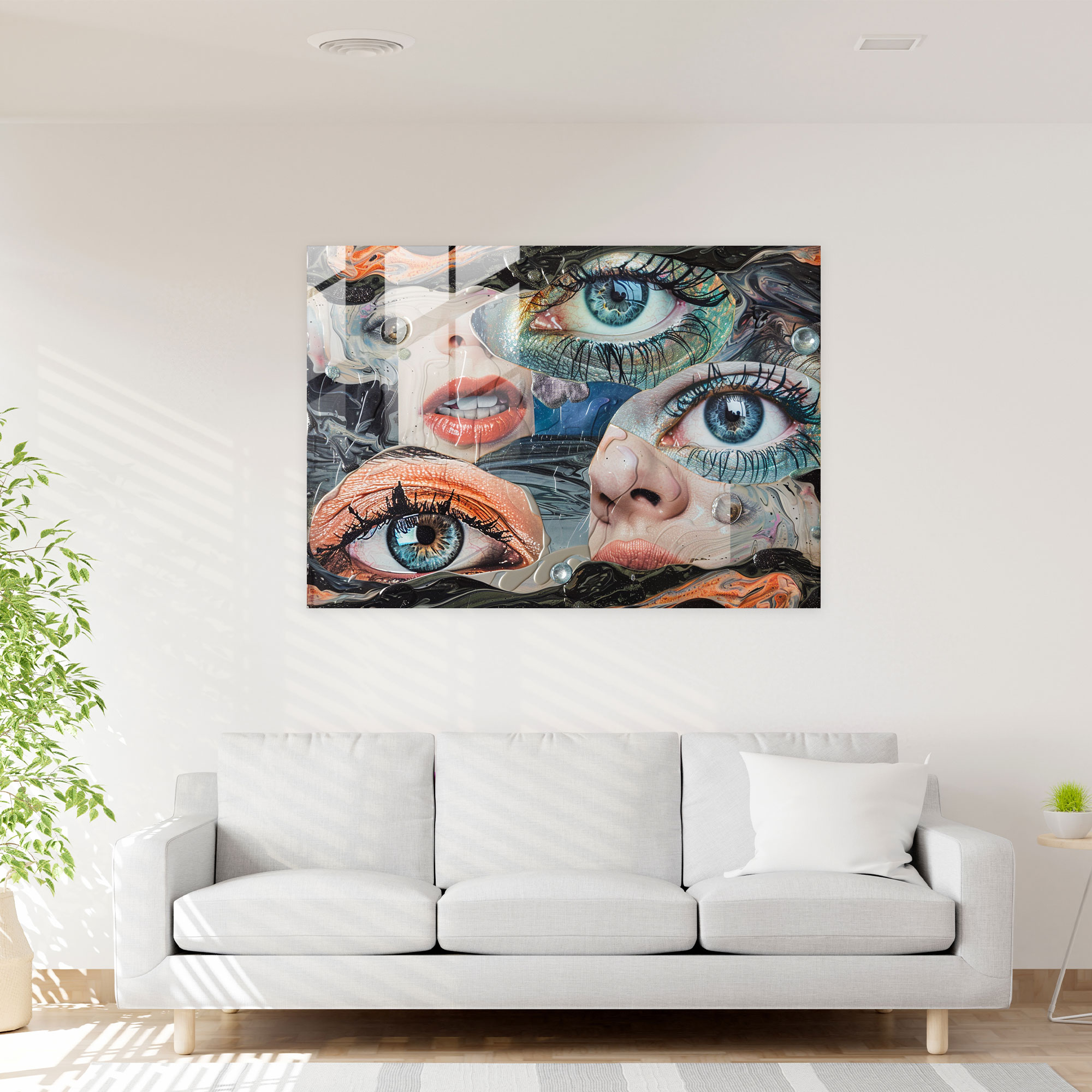 Surrealism Glass Art: Collage Of Floating Eyes And Lips - Surrealism Art, Modern Art, Wall Decoration, Glass Art