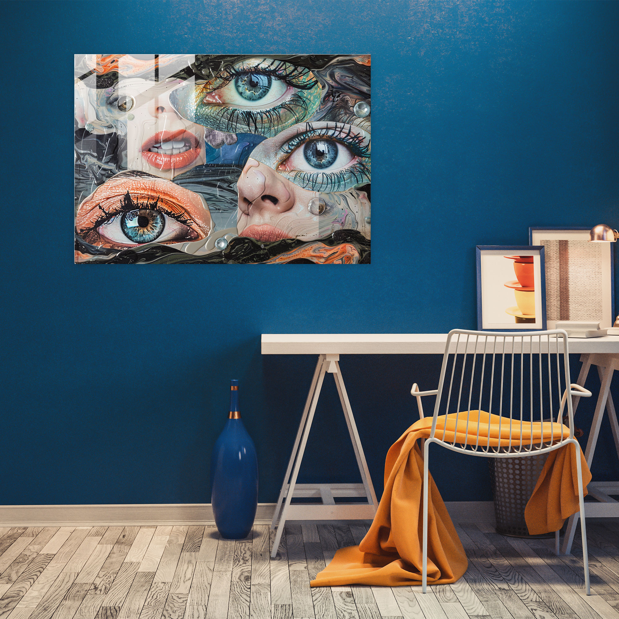 Surrealism Glass Art: Collage Of Floating Eyes And Lips - Surrealism Art, Modern Art, Wall Decoration, Glass Art