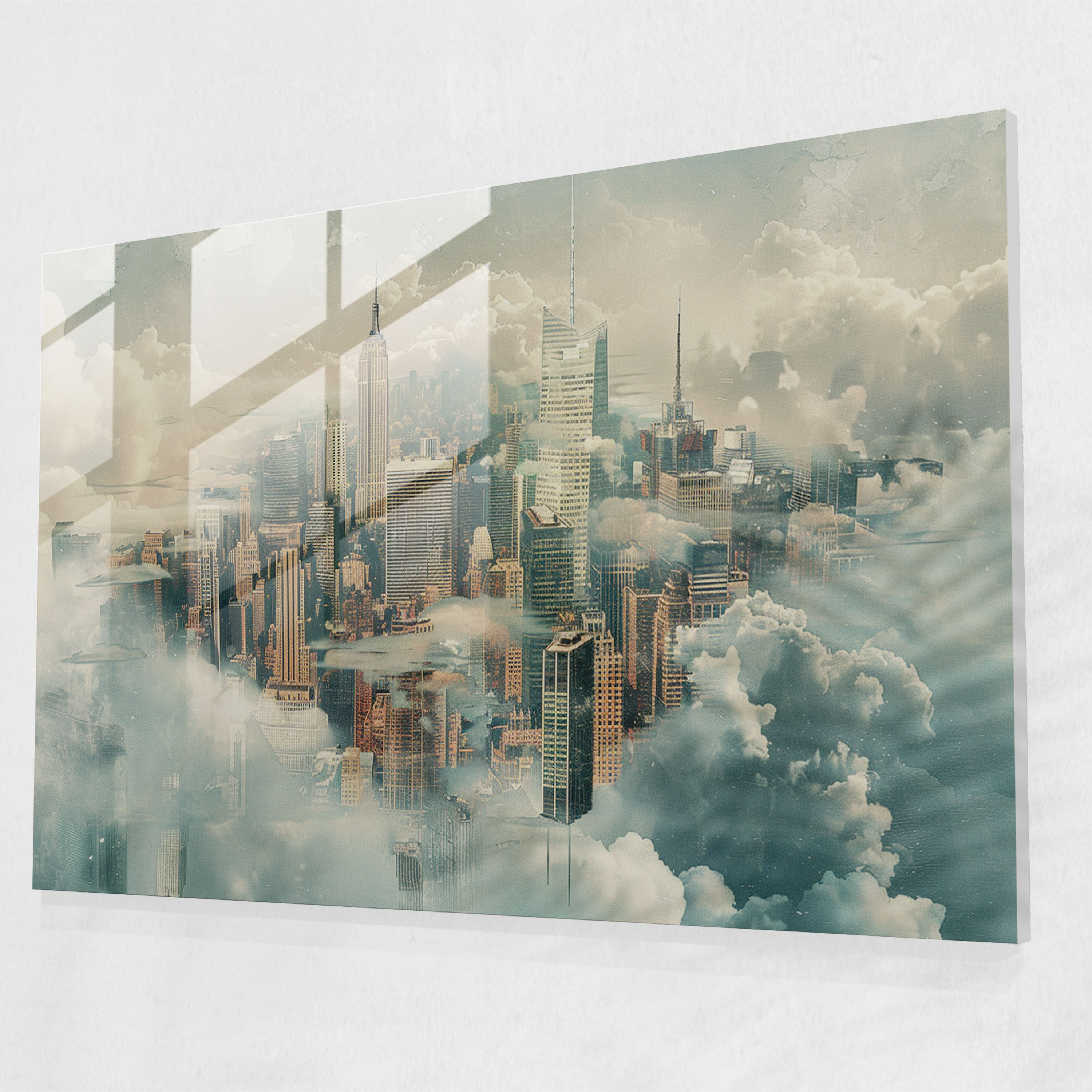 Surrealism Wall Decoration: City Skyline Merging With Clouds - Surrealism Art, Modern Art, Glass Art, Wall Decoration