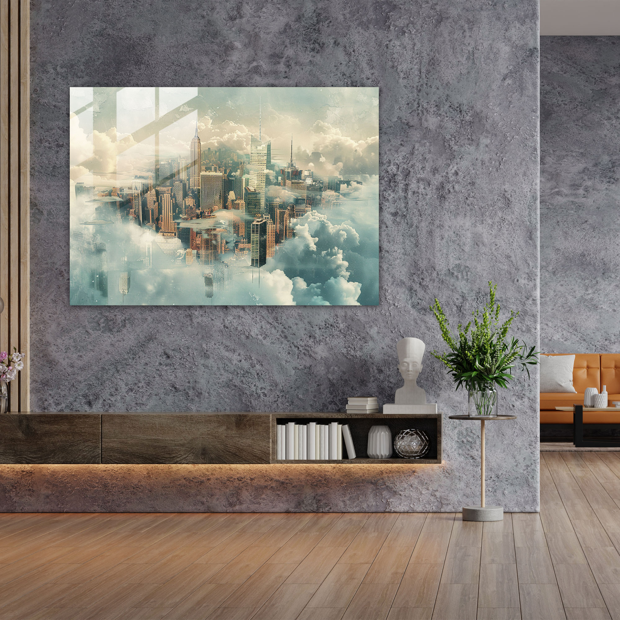 Surrealism Wall Decoration: City Skyline Merging With Clouds - Surrealism Art, Modern Art, Glass Art, Wall Decoration