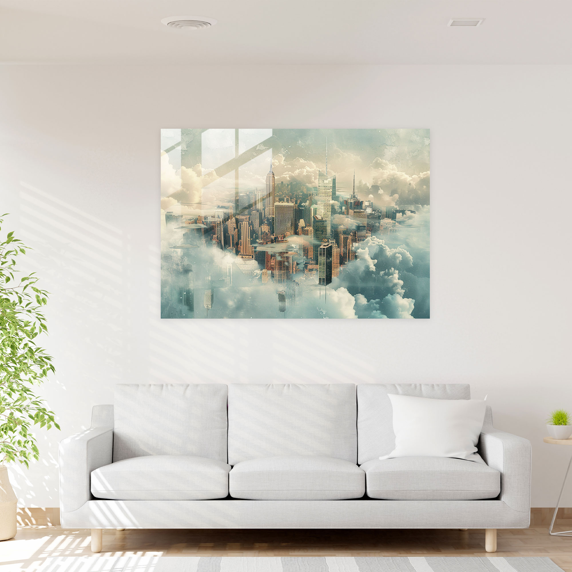 Surrealism Wall Decoration: City Skyline Merging With Clouds - Surrealism Art, Modern Art, Glass Art, Wall Decoration